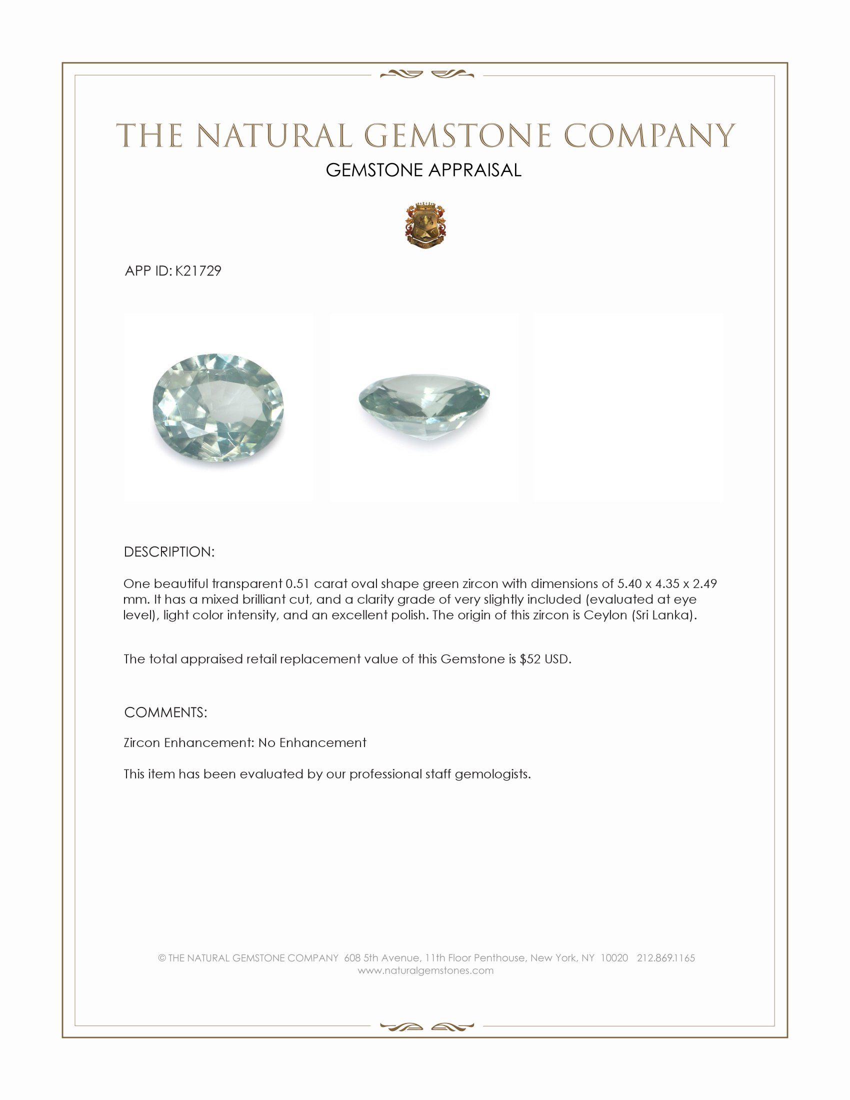 0.51 Ct. Green Zircon from Ceylon (Sri Lanka)