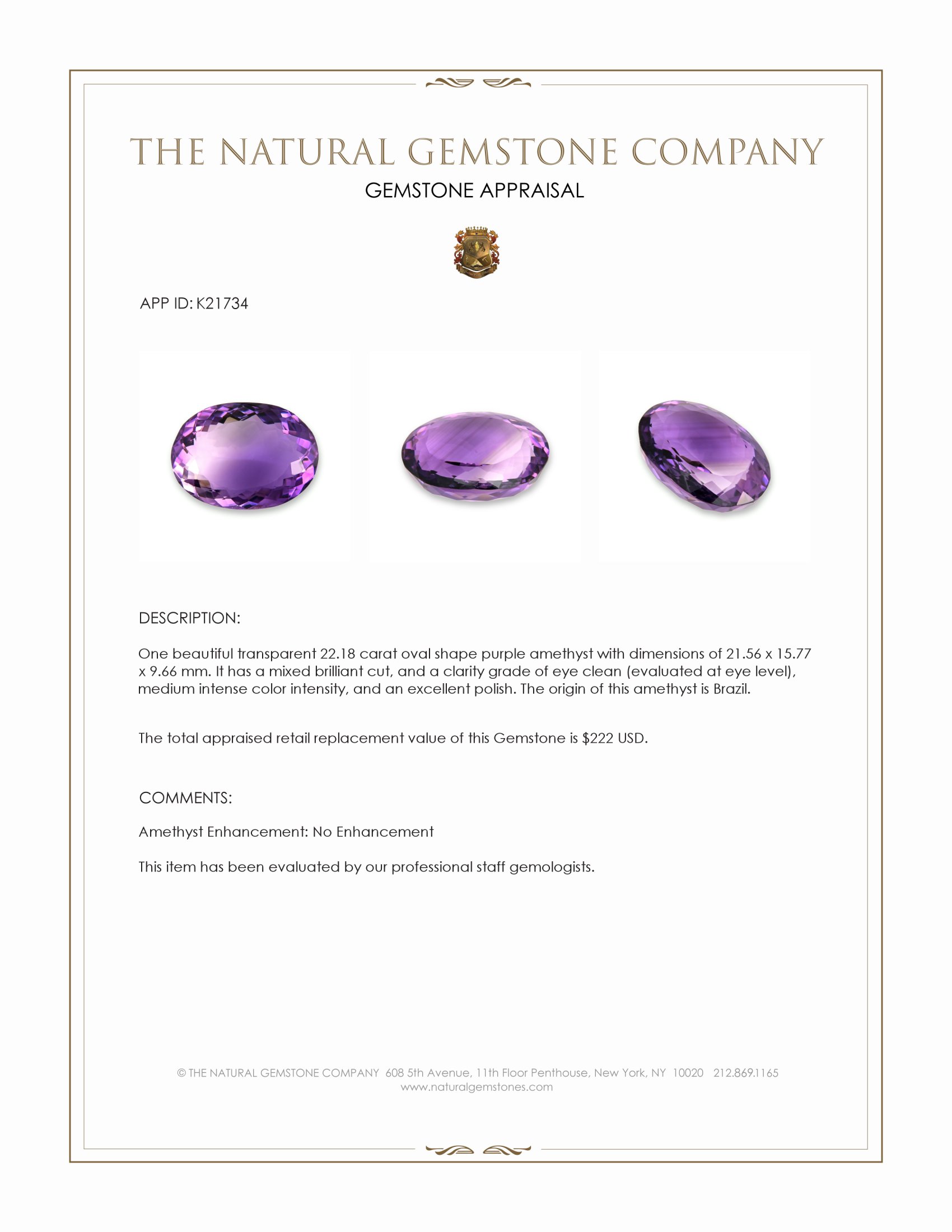 22.18 Ct. Amethyst from Brazil