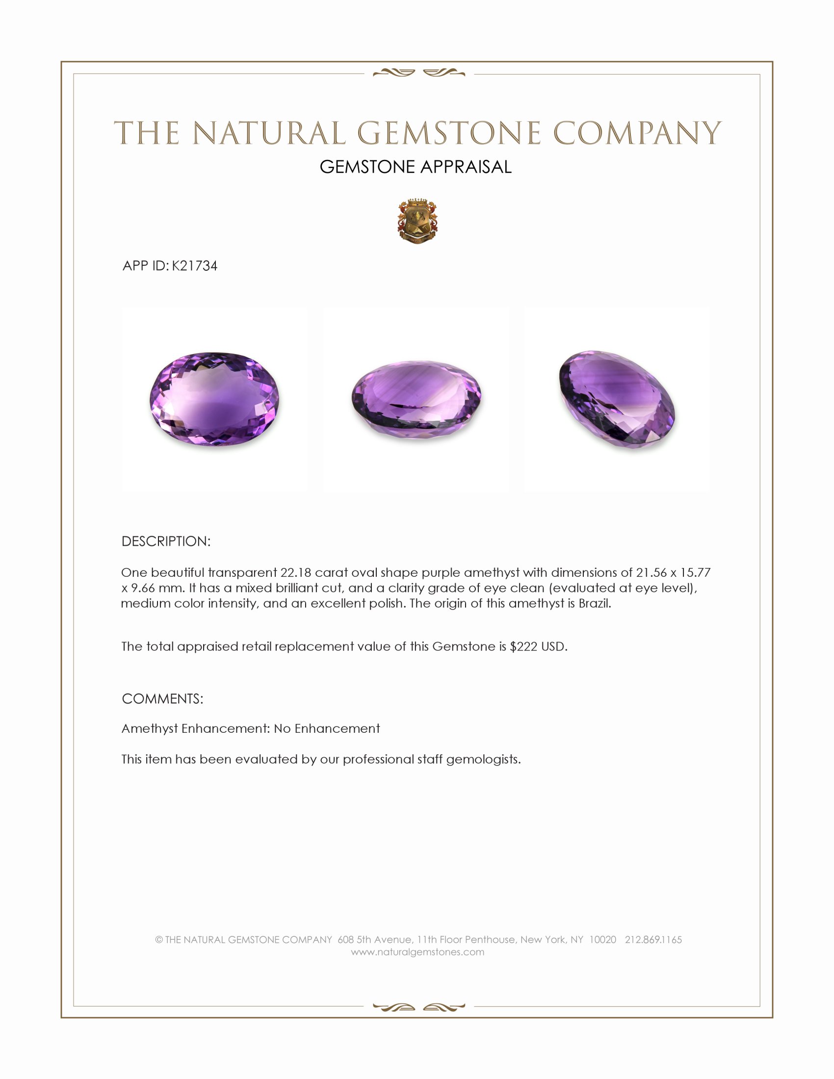 22.18 Ct. Amethyst from Brazil