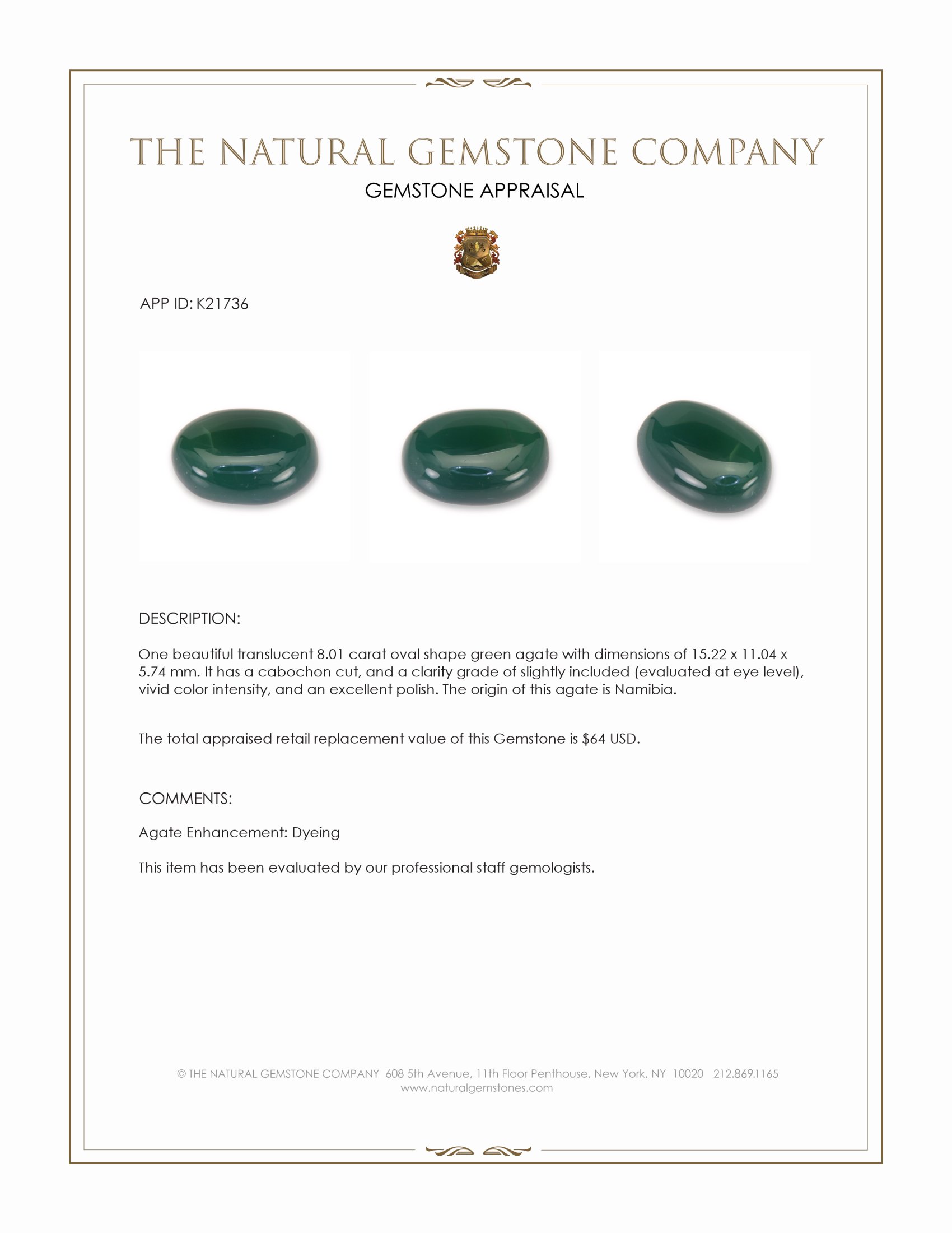 8.01 Ct. Green Cabochon Agate from Namibia