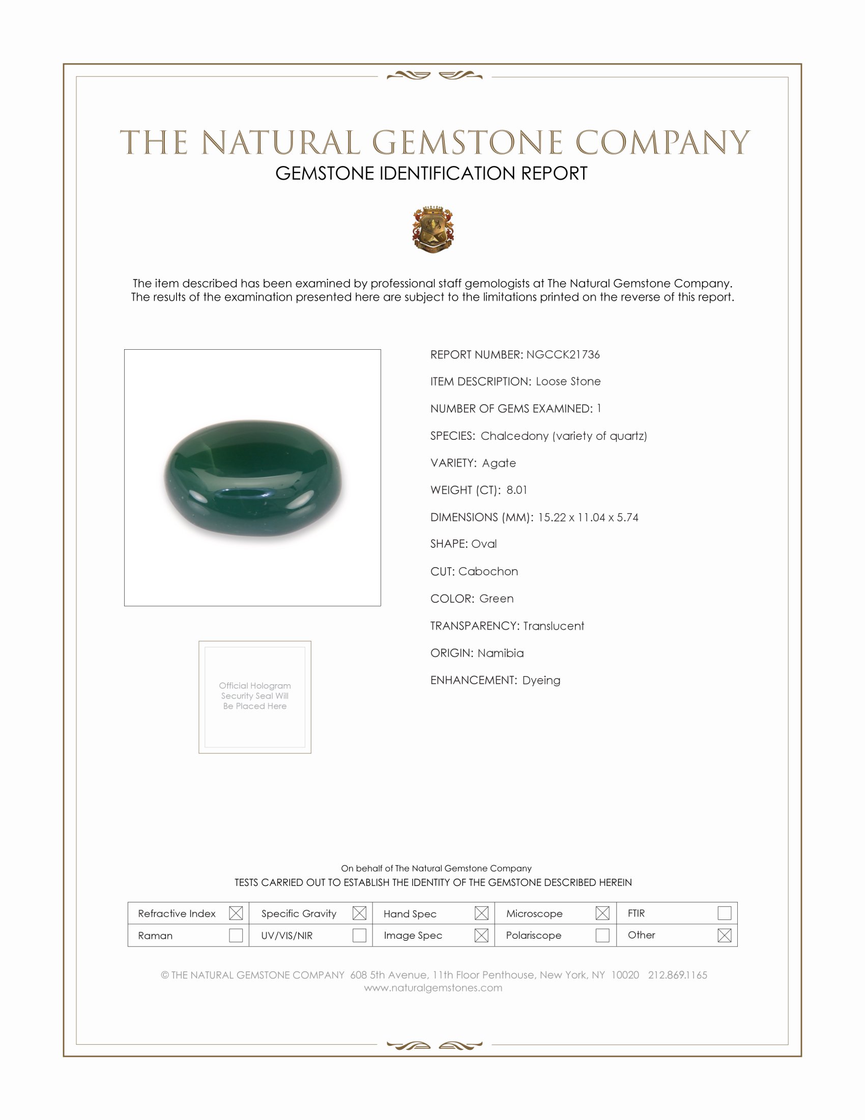8.01 Ct. Green Cabochon Agate from Namibia