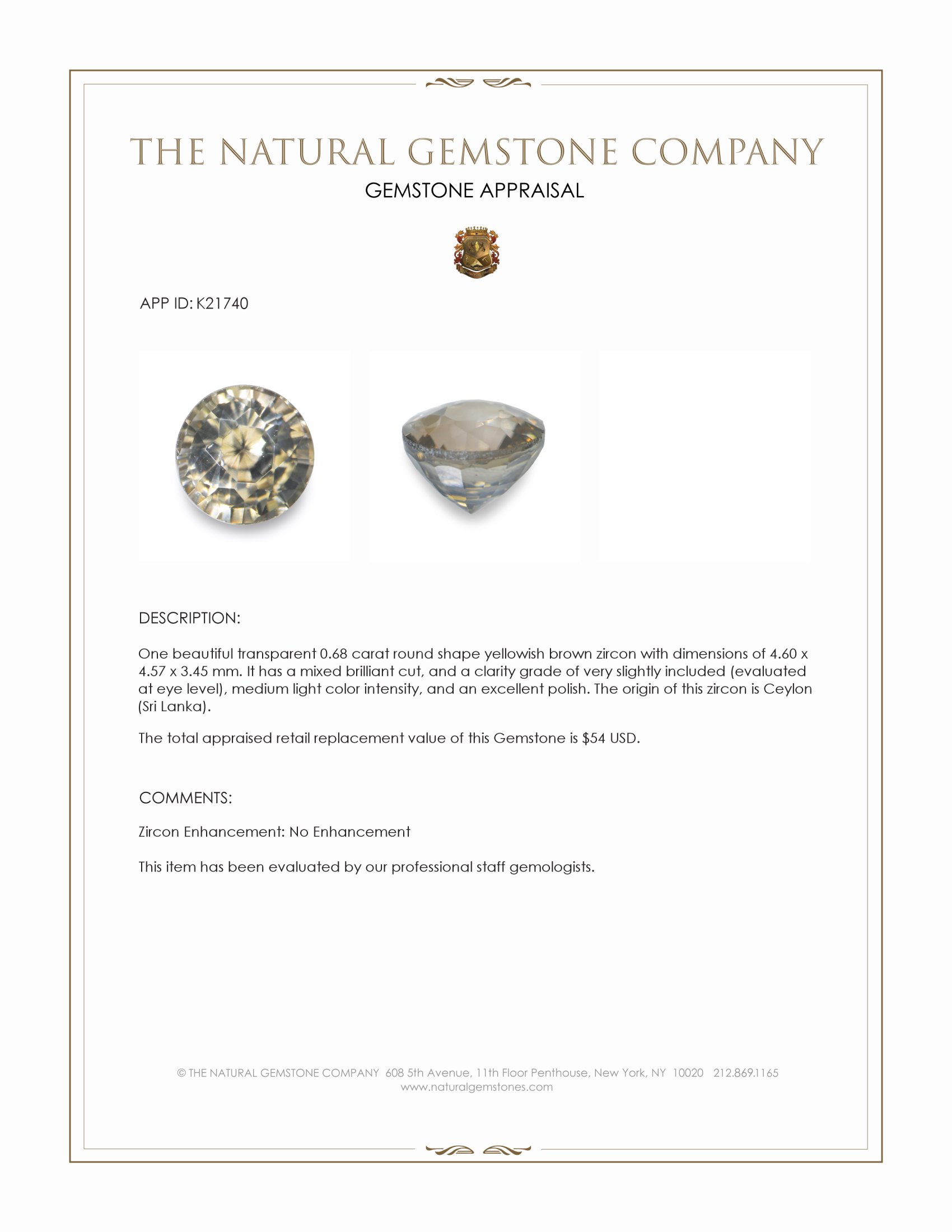 0.68 Ct. Yellowish Brown Zircon from Ceylon (Sri Lanka)