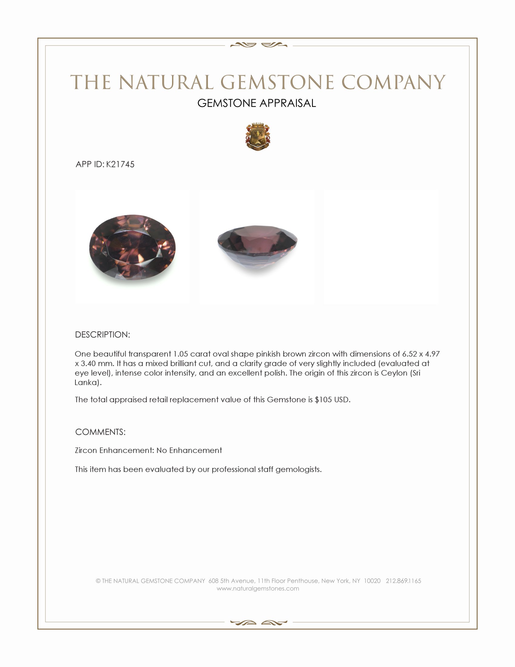1.05 Ct. Pinkish Brown Zircon from Ceylon (Sri Lanka)