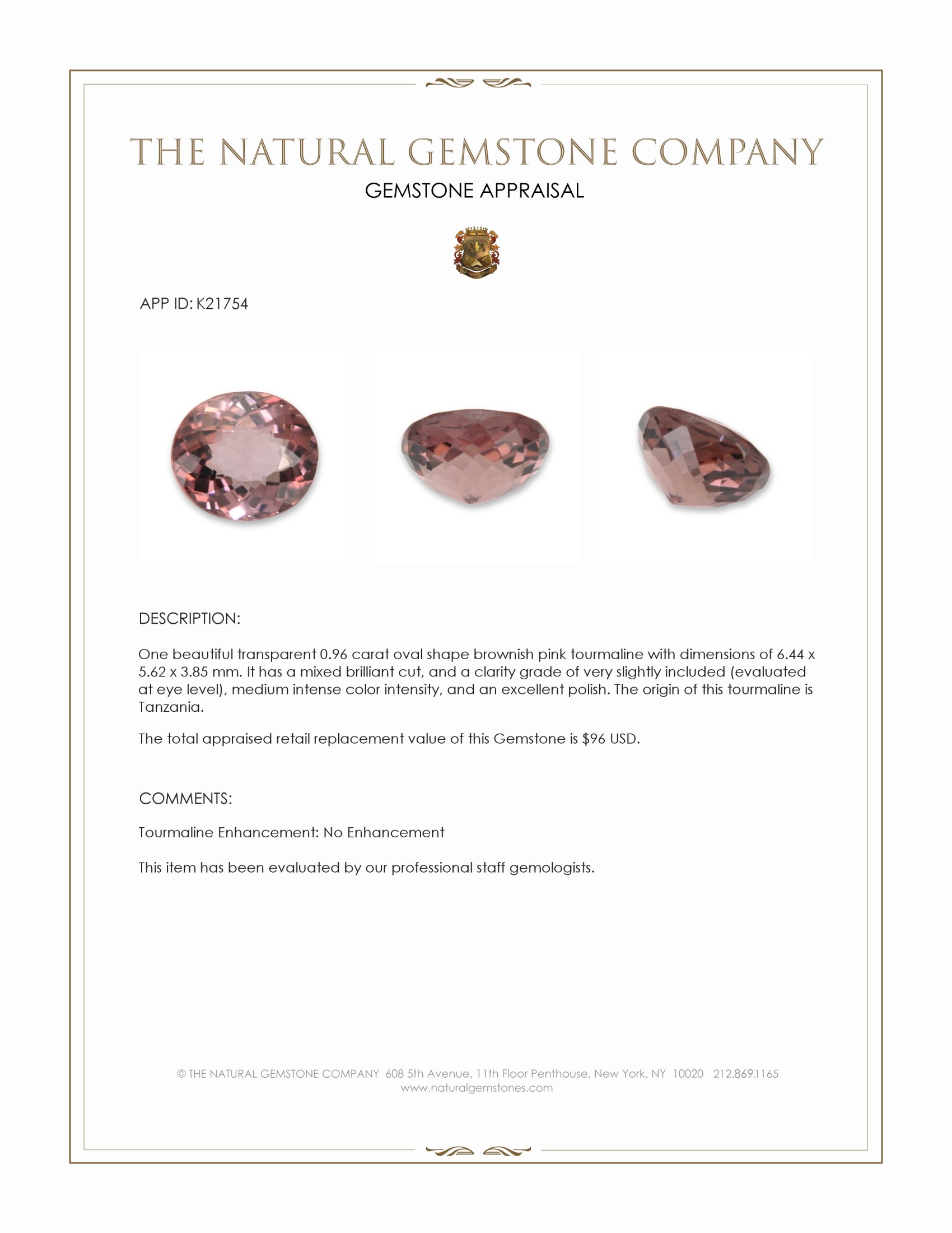 0.96 Ct. Brownish Pink Tourmaline from Tanzania