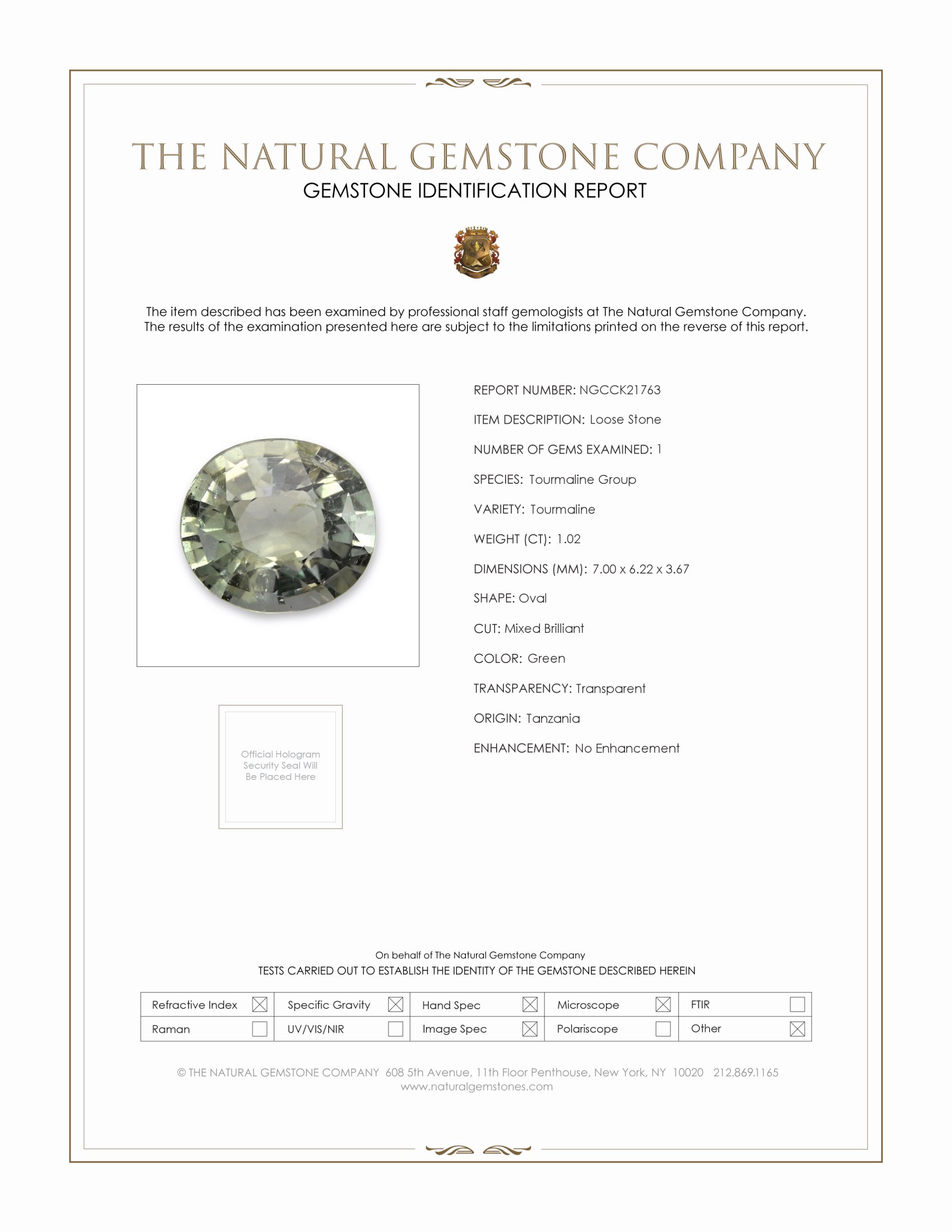 1.02 Ct. Green Tourmaline from Tanzania