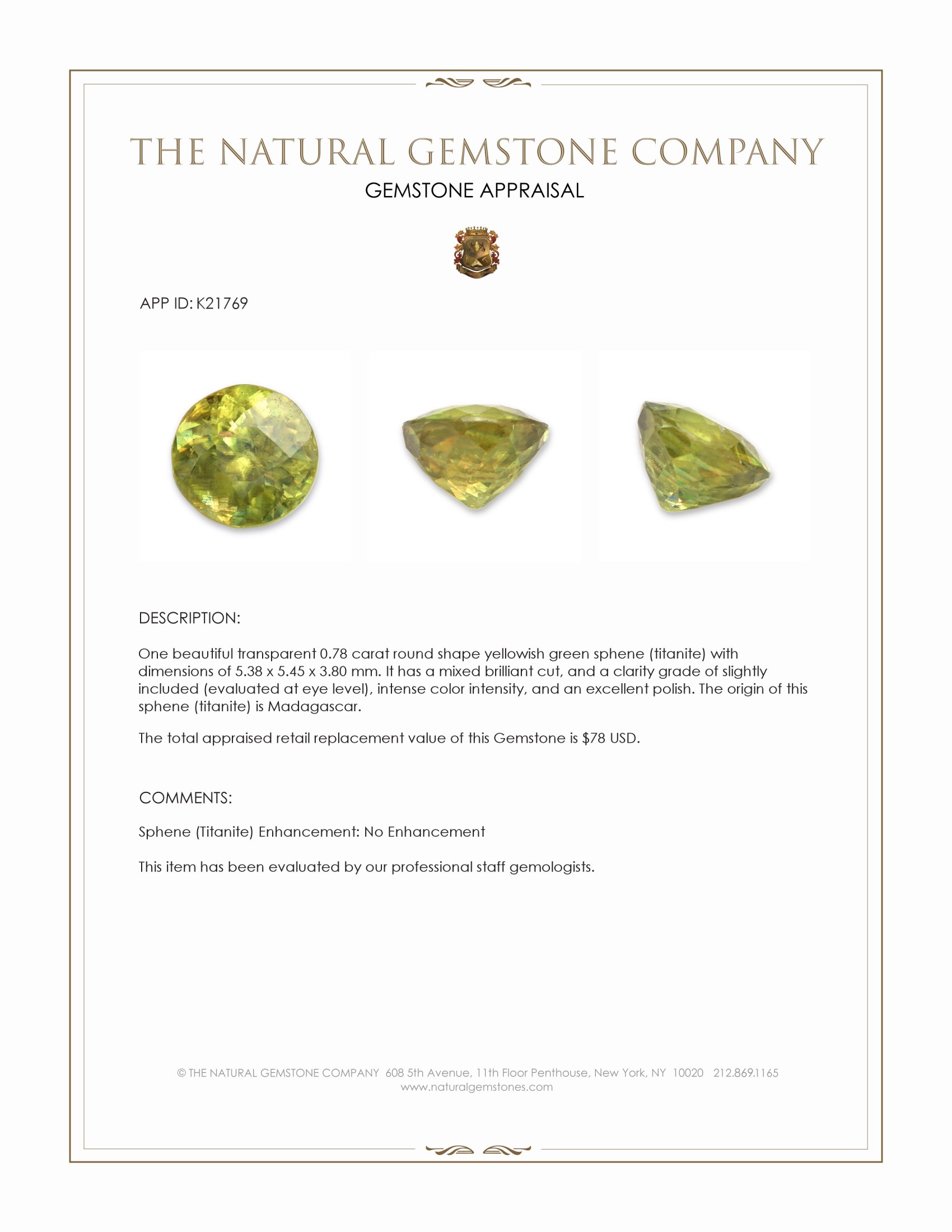 0.78 Ct. Sphene (Titanite) from Madagascar