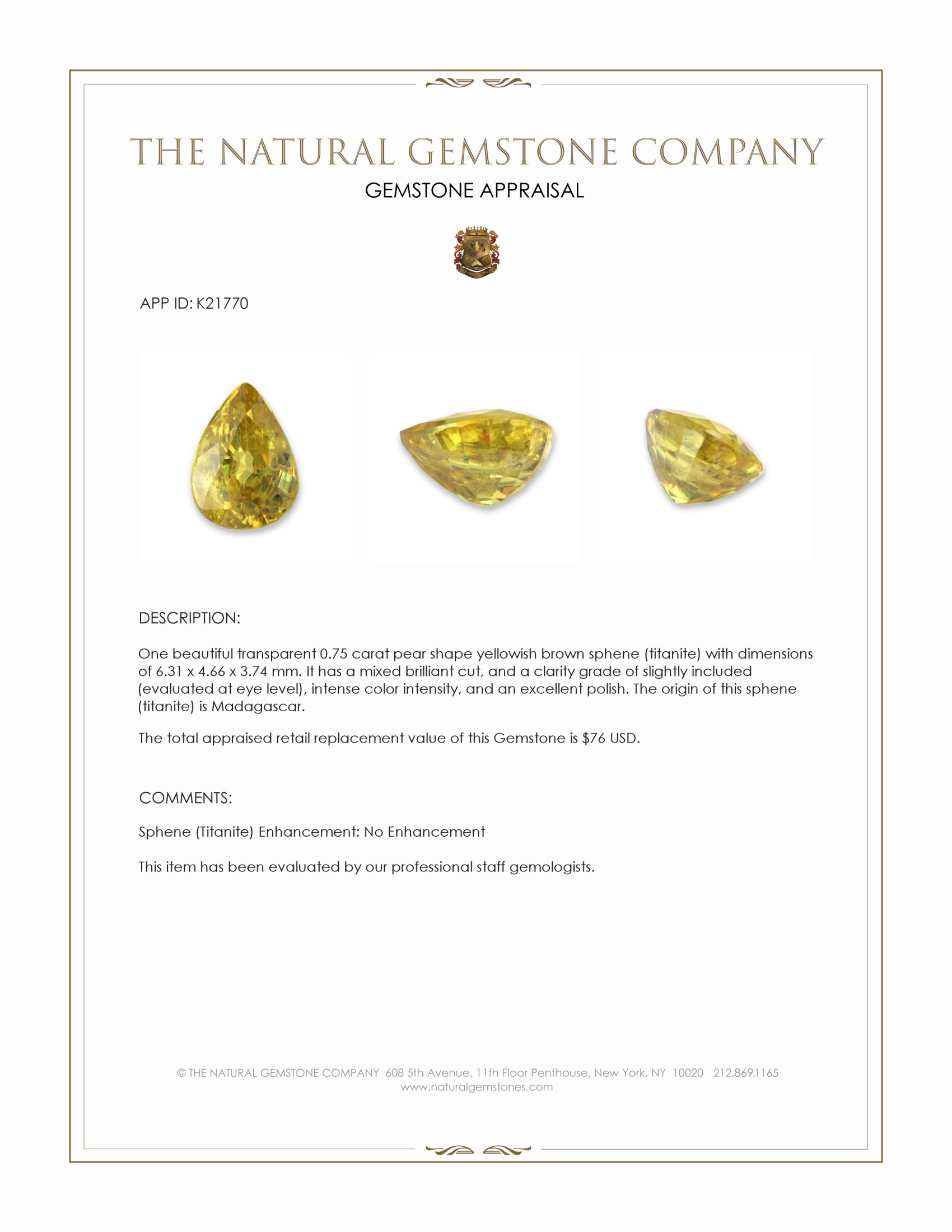 0.75 Ct. Yellowish Brown Sphene (Titanite) from Madagascar