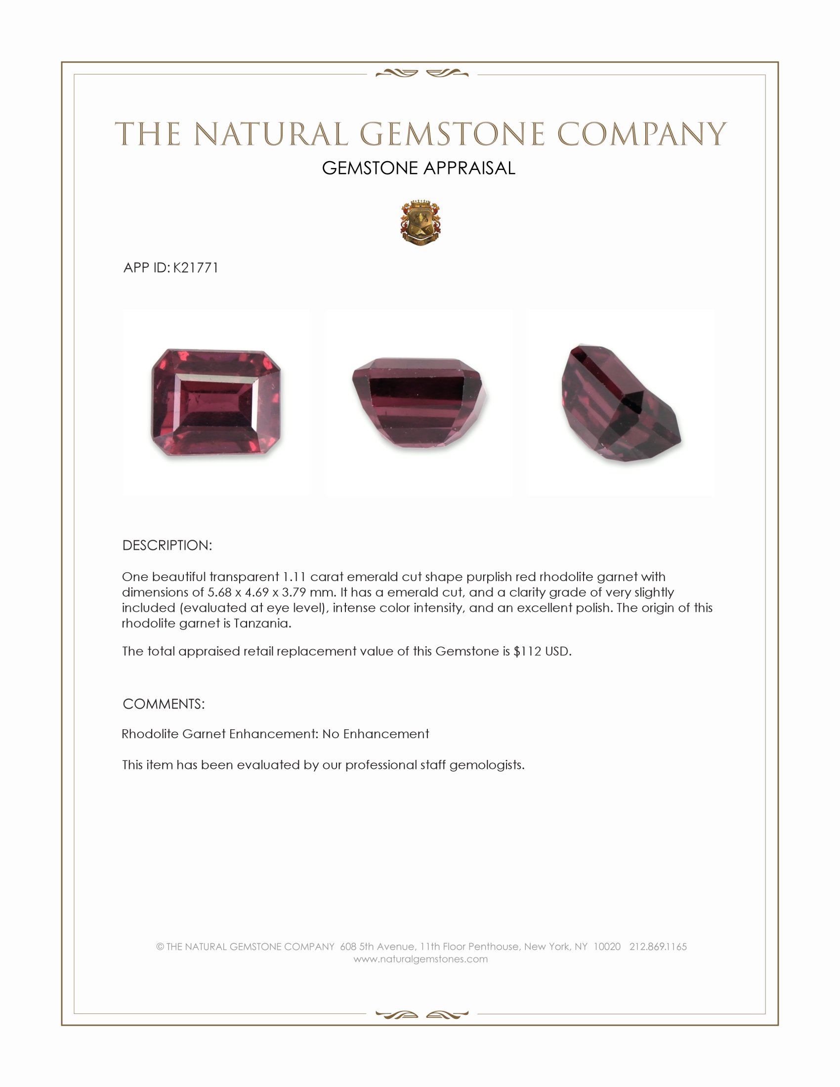 1.11 Ct. Rhodolite Garnet from Tanzania