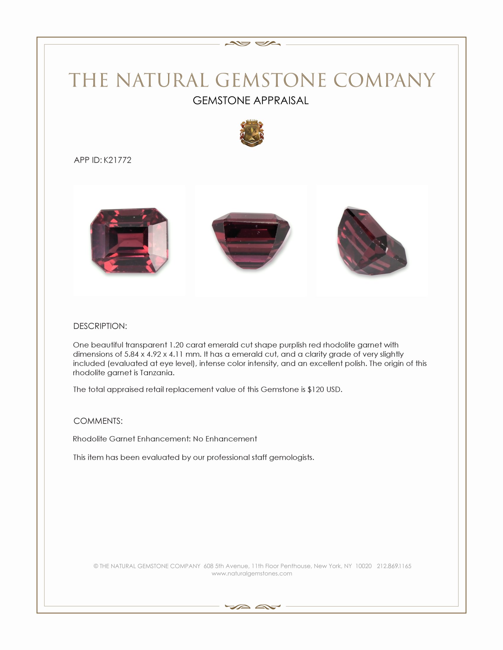 1.20 Ct. Rhodolite Garnet from Tanzania