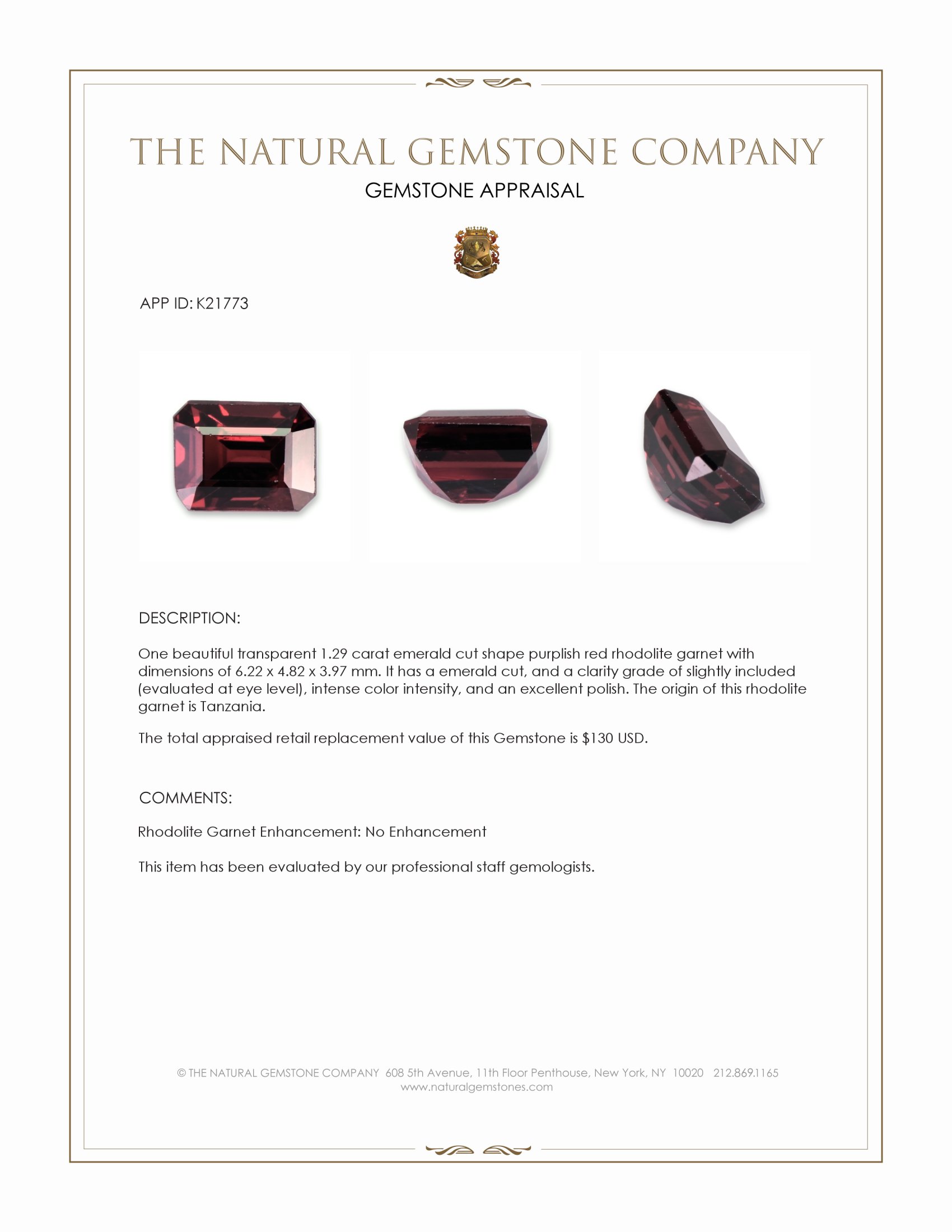 1.29 Ct. Rhodolite Garnet from Tanzania