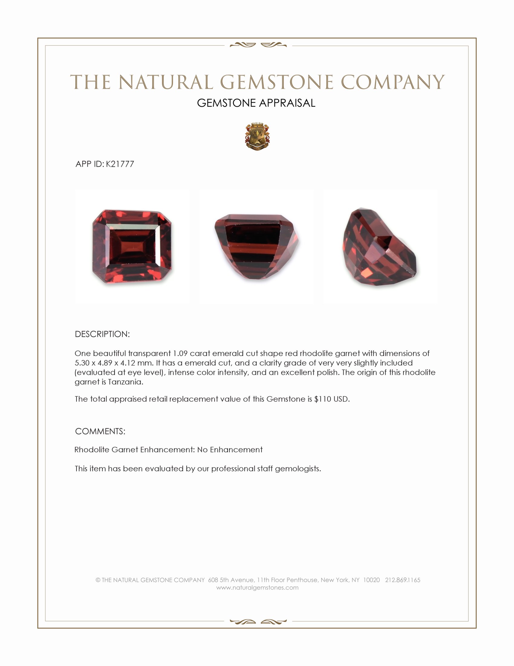 1.09 Ct. Red Rhodolite Garnet from Tanzania