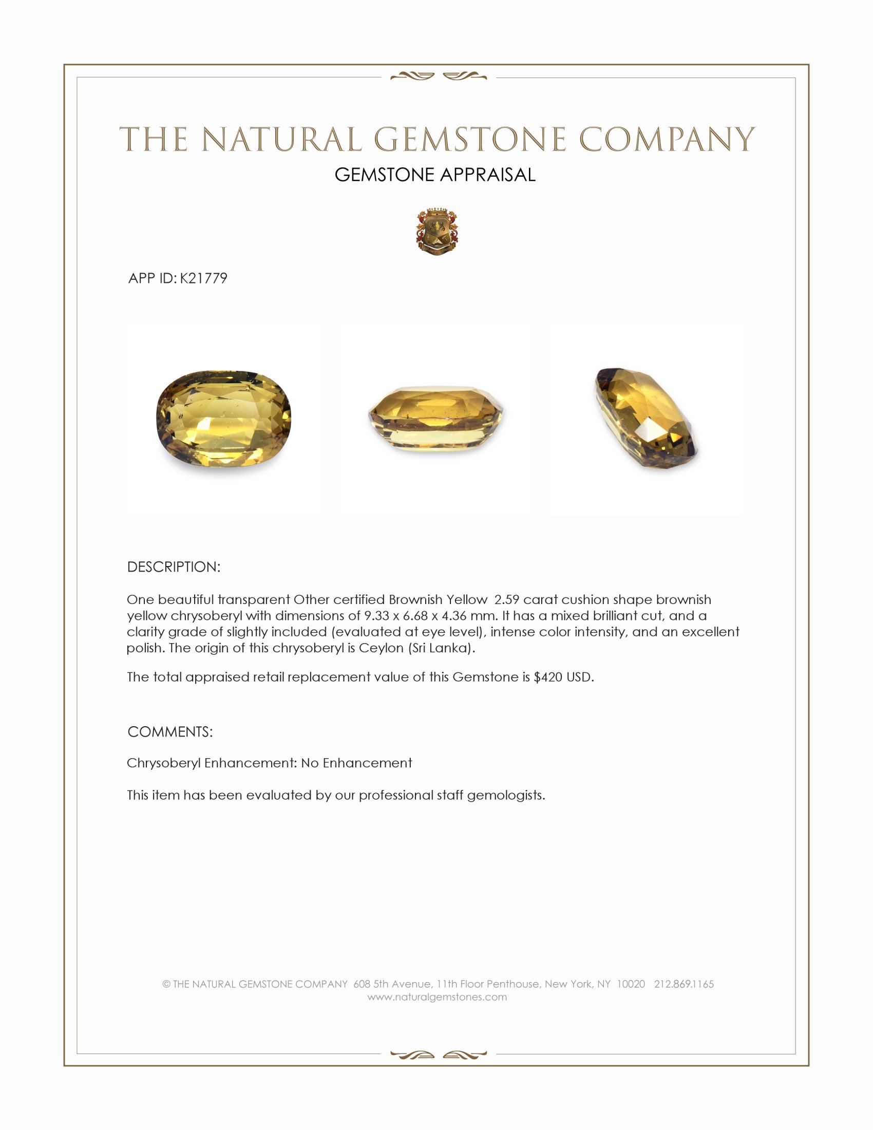 2.59 Ct. Chrysoberyl from Ceylon (Sri Lanka)