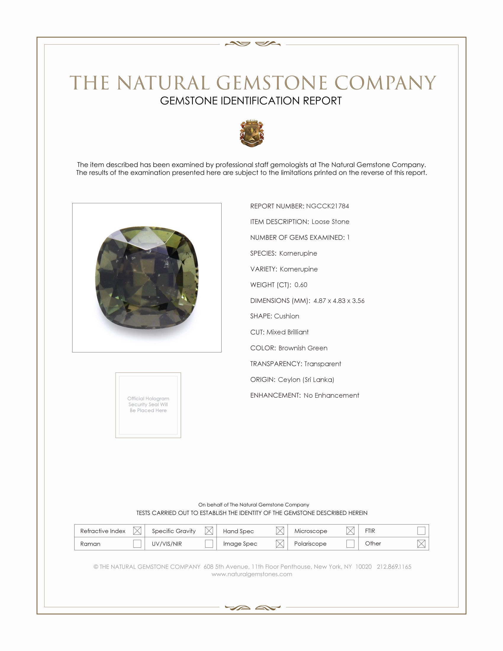 0.60 Ct. Brownish Green Kornerupine from Ceylon (Sri Lanka)