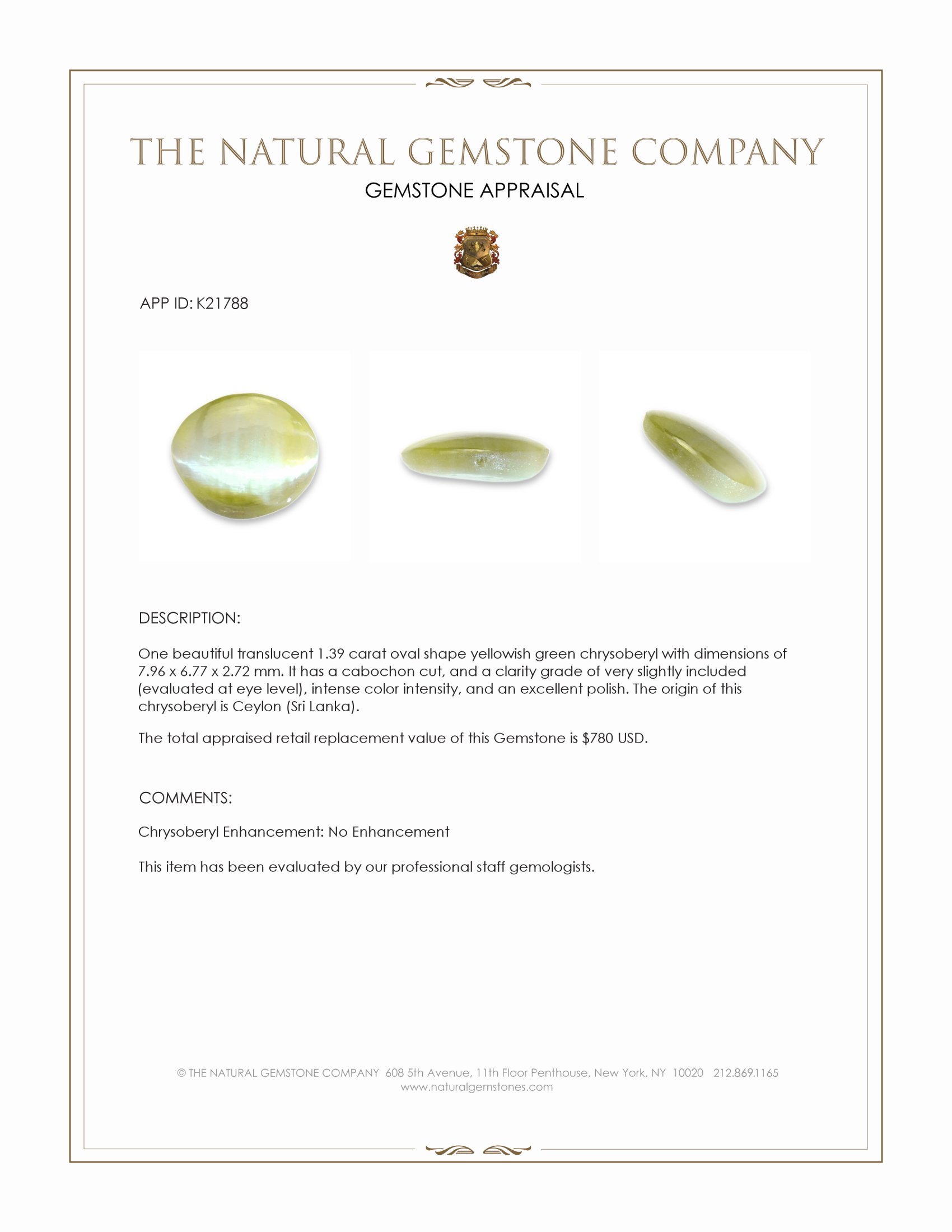 1.39 Ct. Yellowish Green Cabochon Chrysoberyl from Ceylon (Sri Lanka)