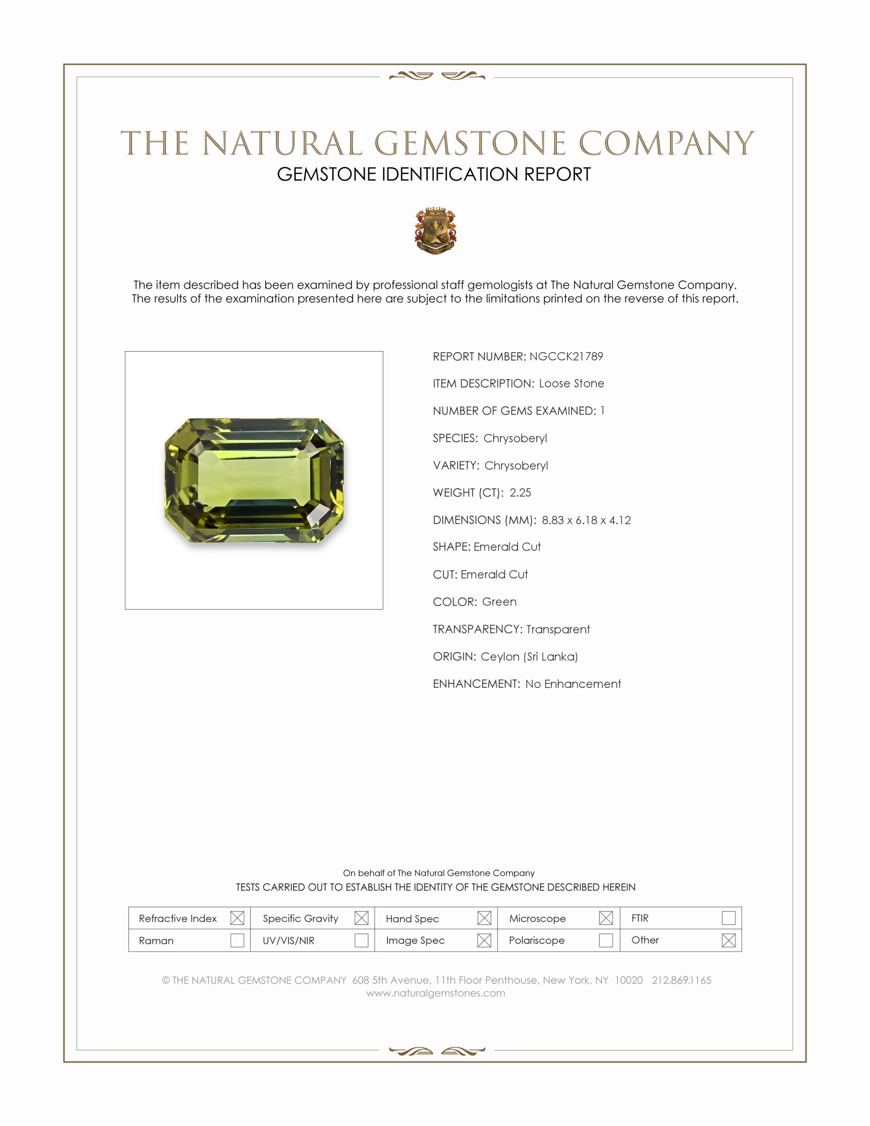 2.25 Ct. Green Chrysoberyl from Ceylon (Sri Lanka)