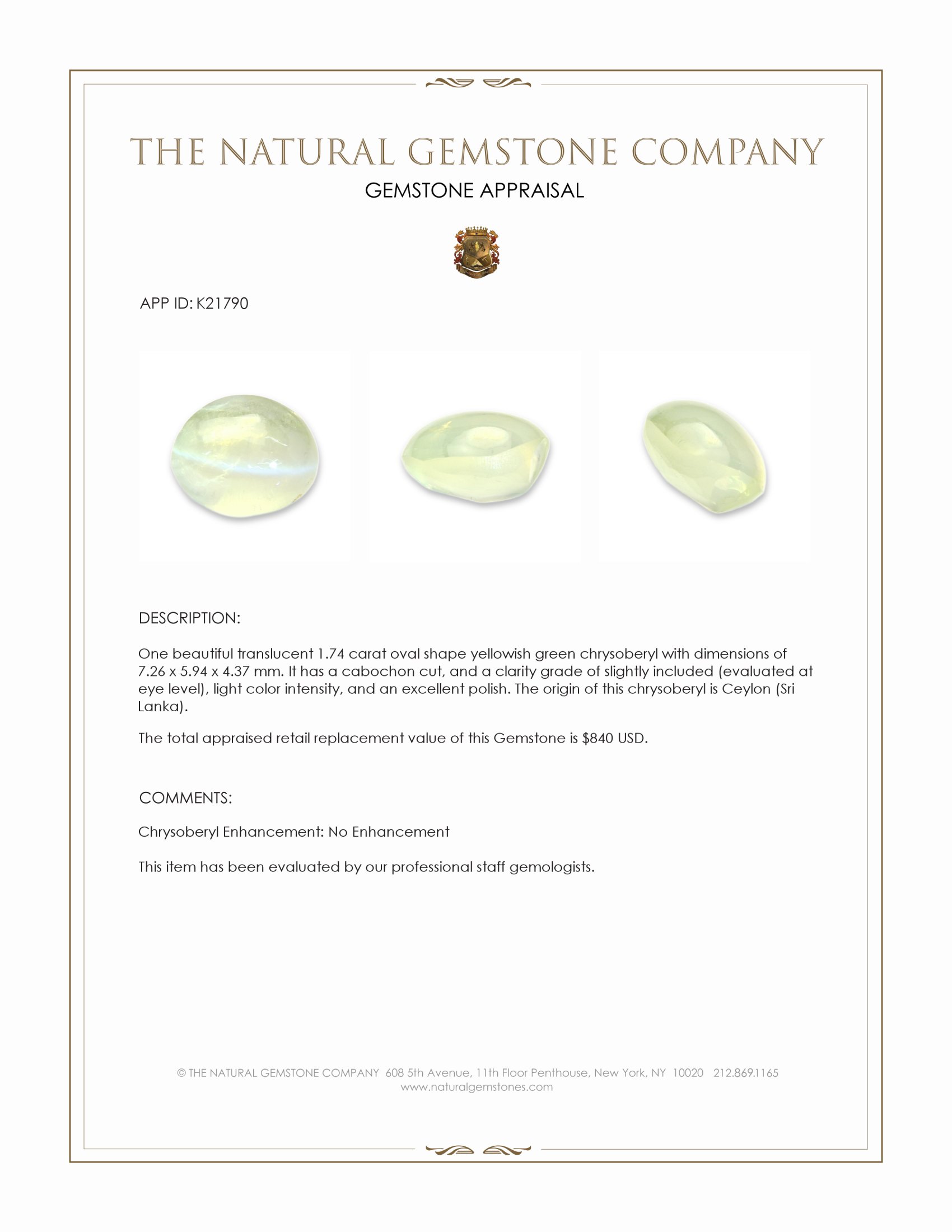 1.74 Ct. Yellowish Green Cabochon Chrysoberyl from Ceylon (Sri Lanka)