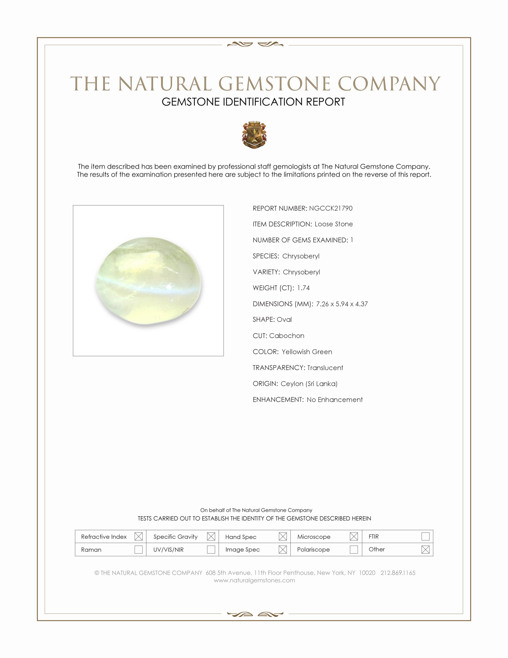 1.74 Ct. Yellowish Green Cabochon Chrysoberyl from Ceylon (Sri Lanka)