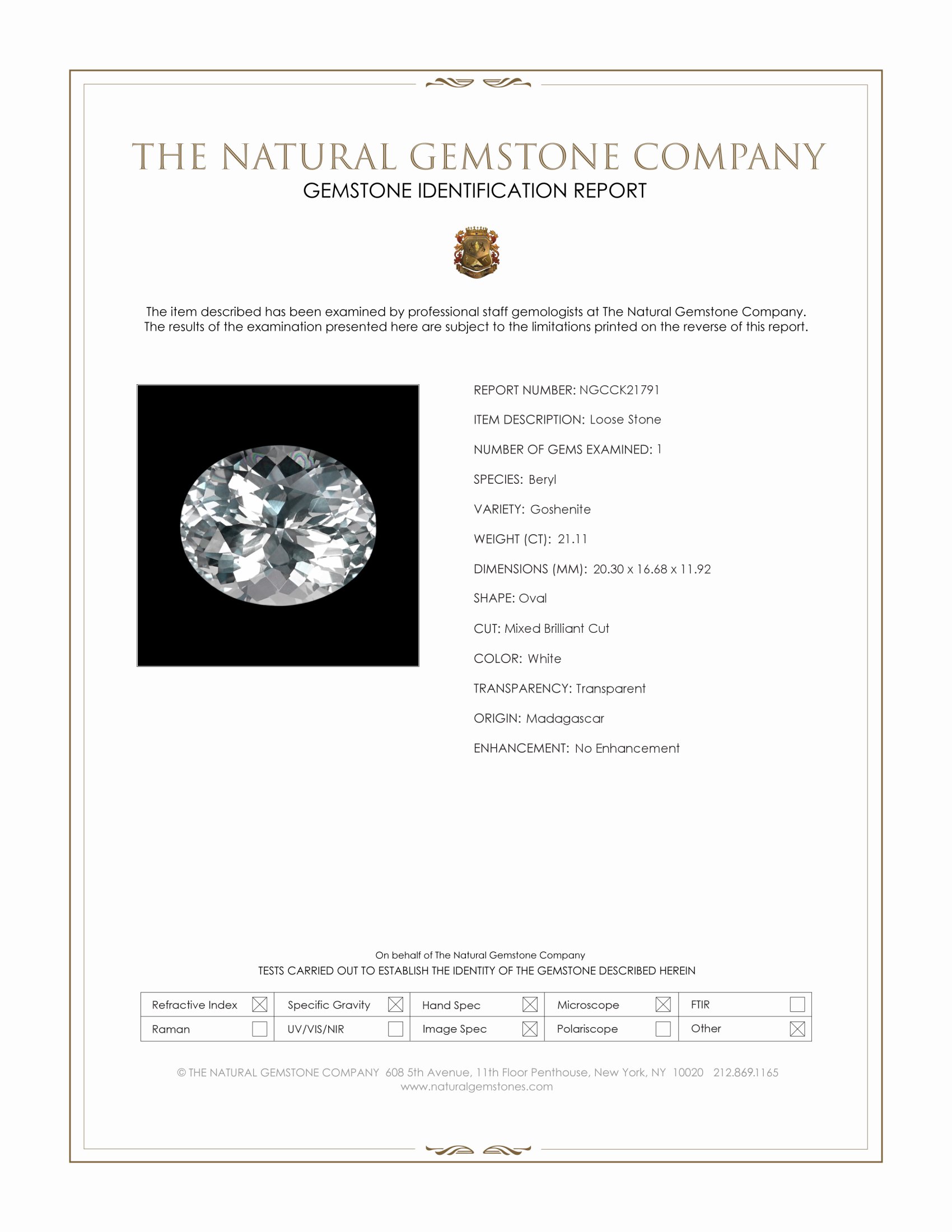 21.11 Ct. White Goshenite from Madagascar