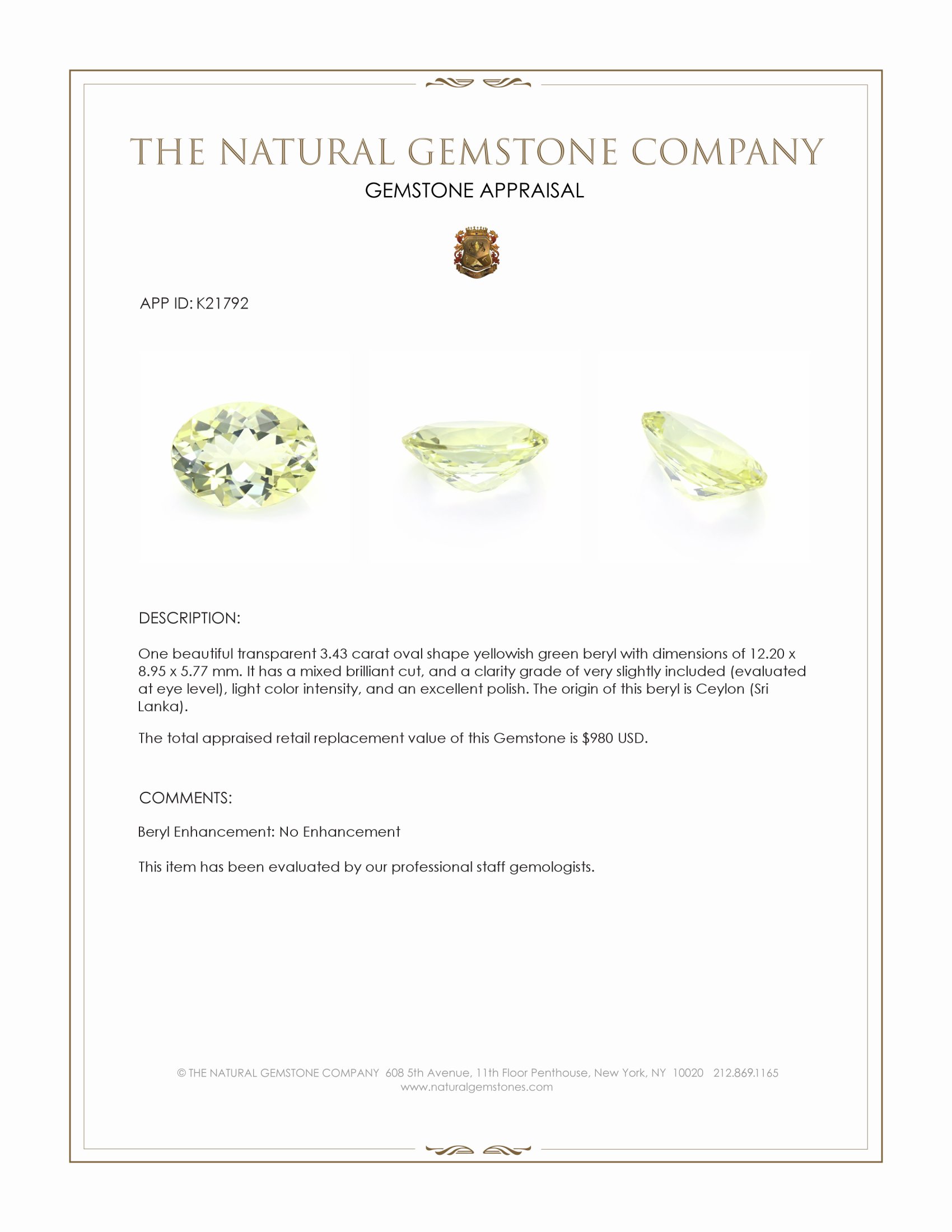 3.43 Ct. Yellowish Green Beryl from Ceylon (Sri Lanka)