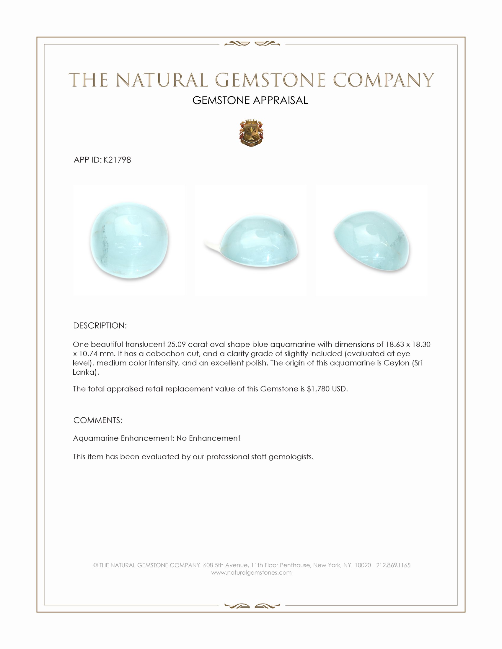 25.09 Ct. Blue Cabochon Aquamarine from Ceylon (Sri Lanka)