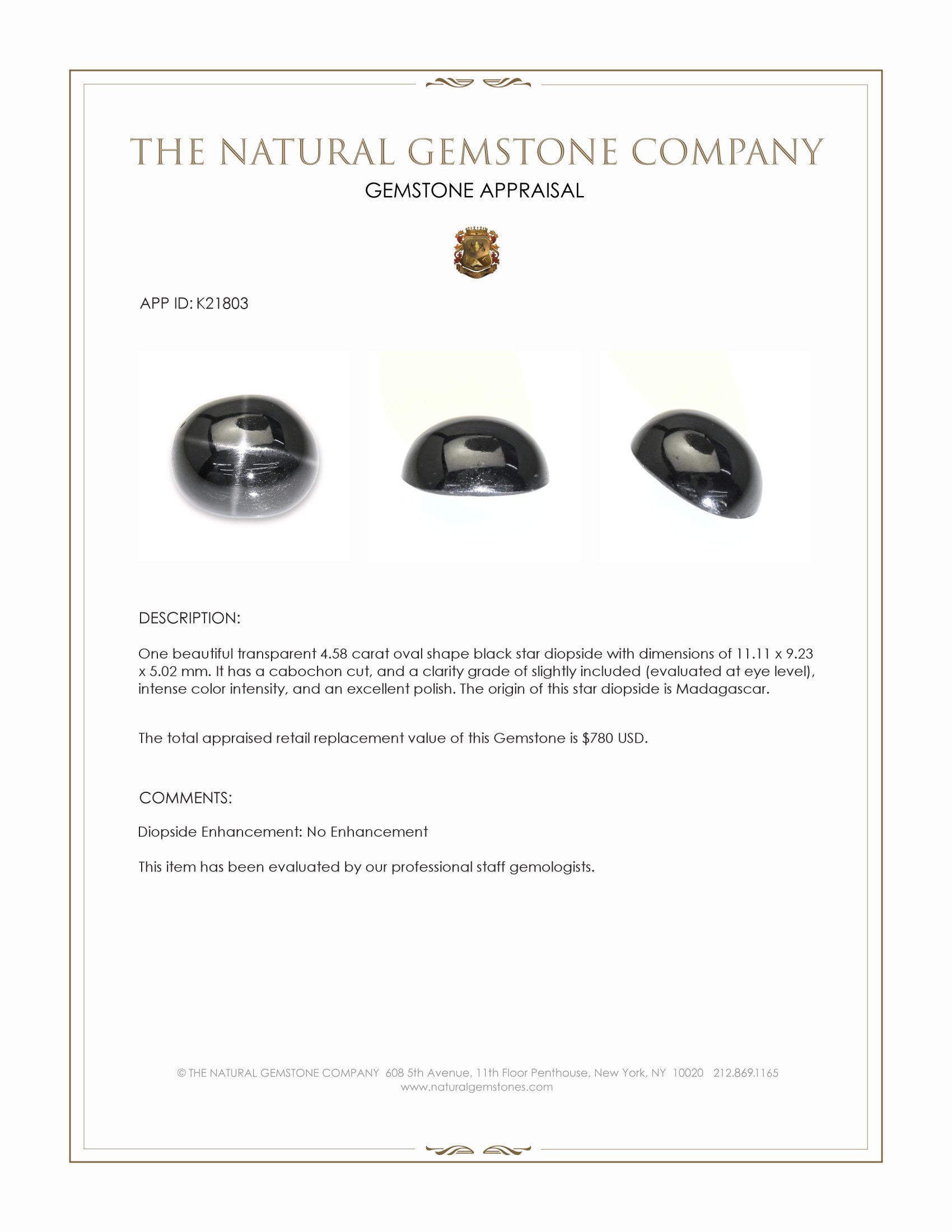 4.58 Ct. Black Star Diopside from Madagascar