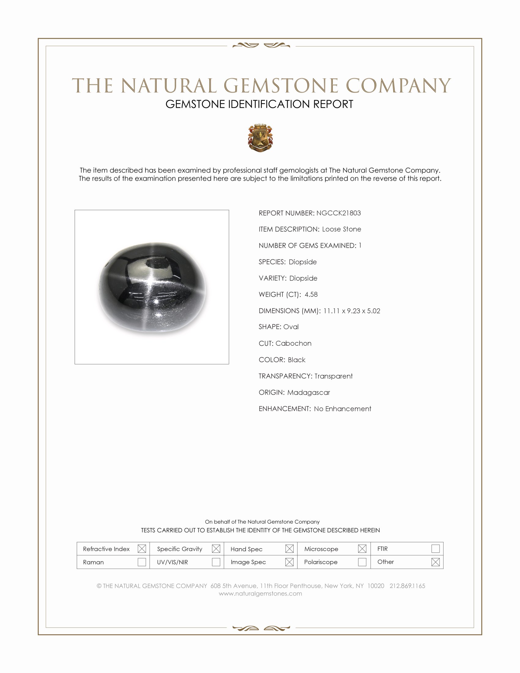 4.58 Ct. Black Star Diopside from Madagascar