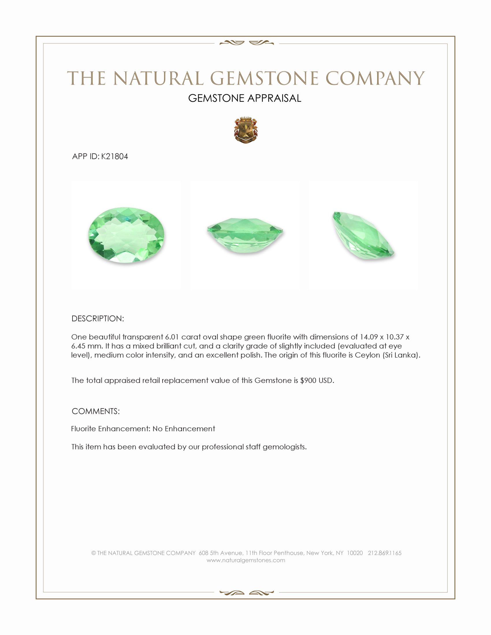 6.01 Ct. Green Fluorite from Ceylon (Sri Lanka)