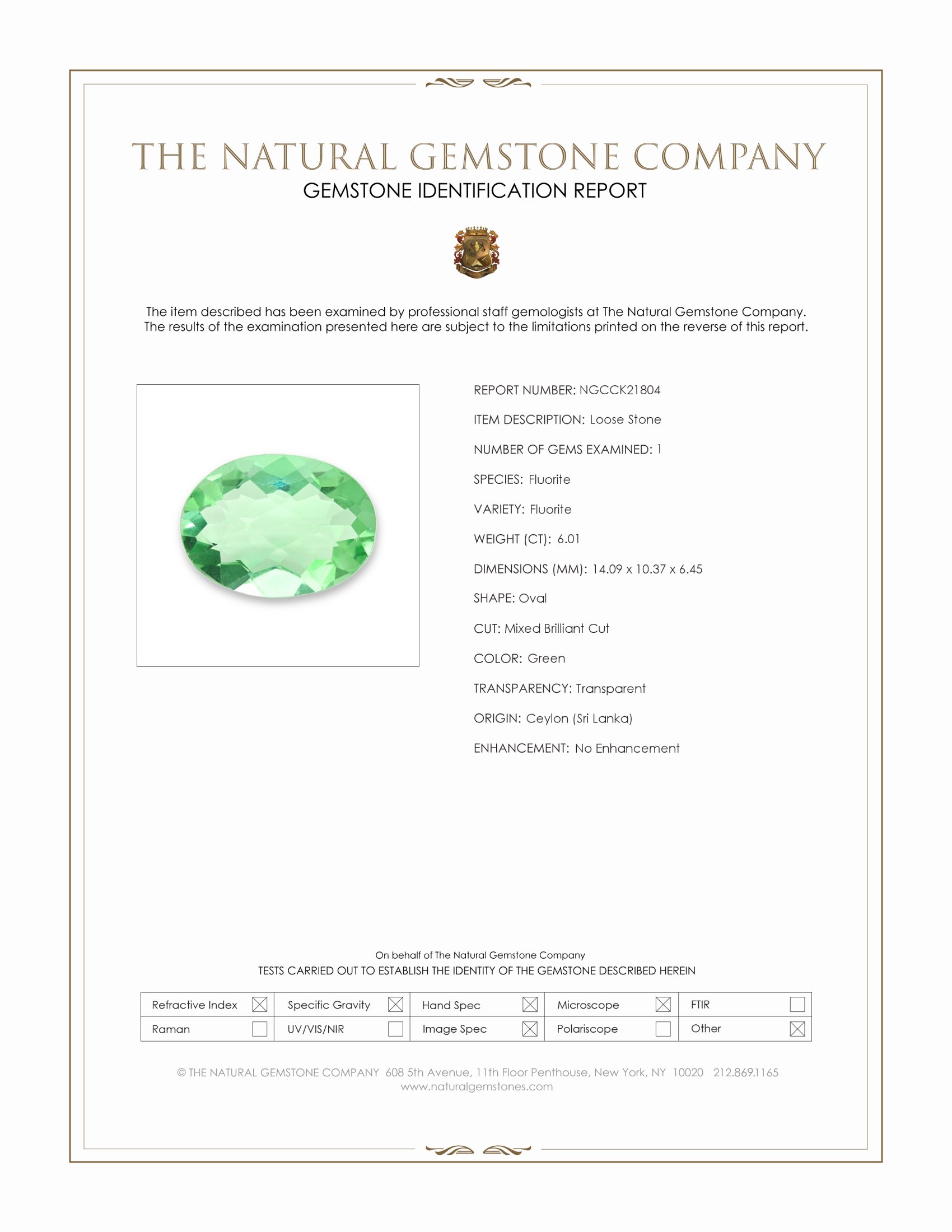 6.01 Ct. Green Fluorite from Ceylon (Sri Lanka)