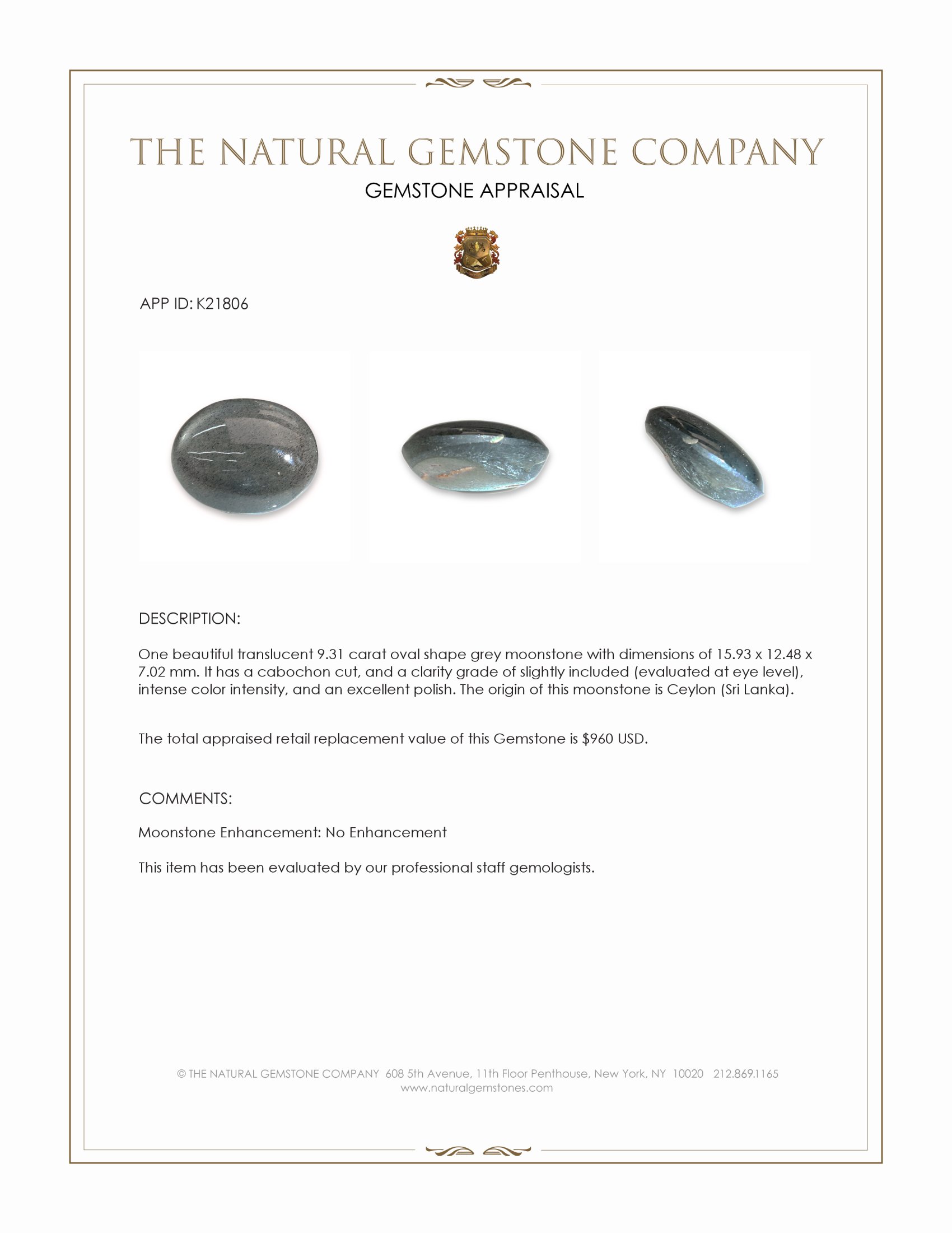 9.31 Ct. Grey Cabochon Moonstone from Ceylon (Sri Lanka)