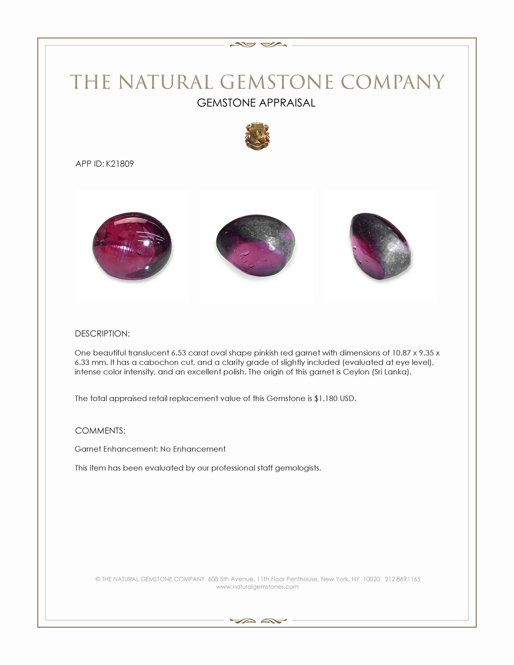 6.53 Ct. Pinkish Red Cabochon Garnet from Ceylon (Sri Lanka)