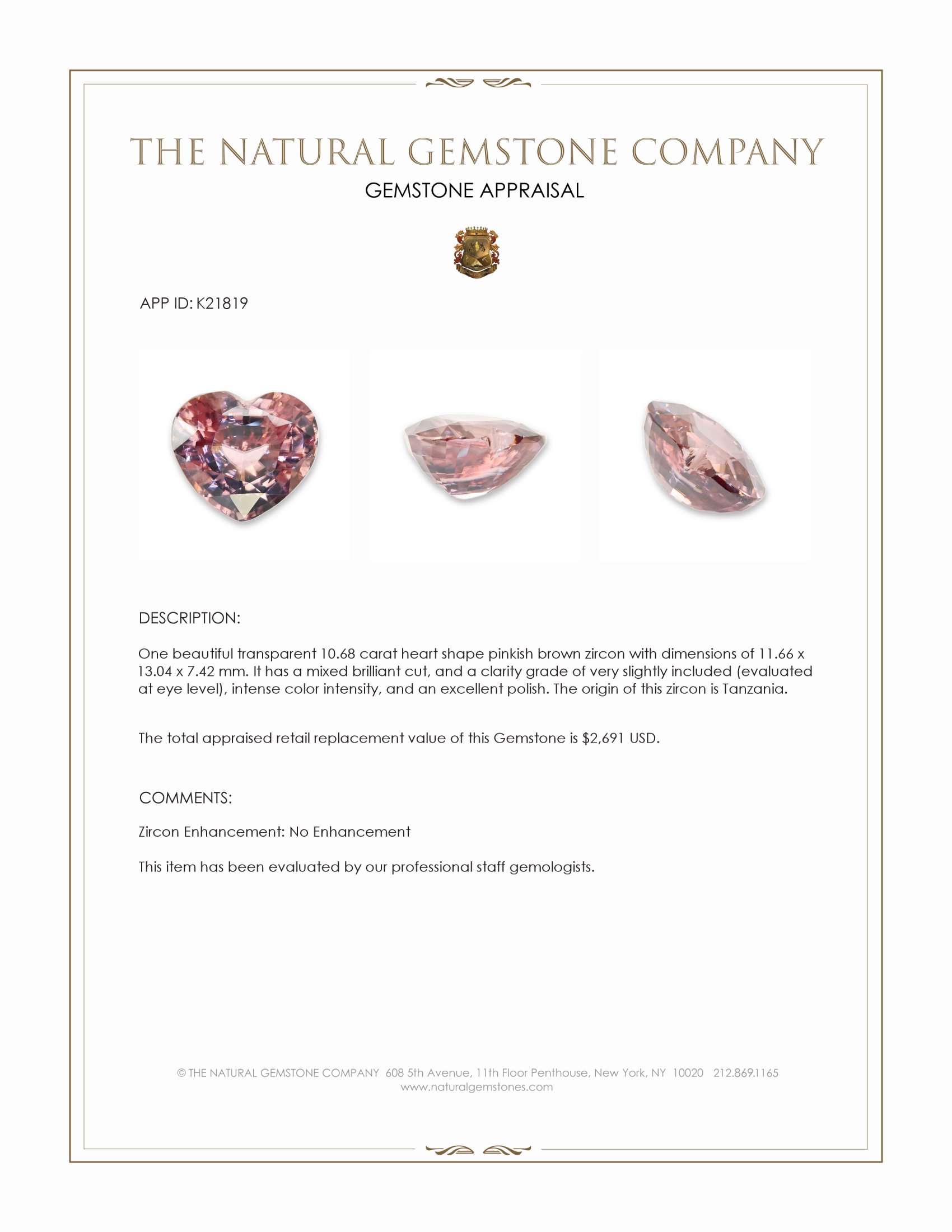 10.68 Ct. Pinkish Brown Zircon from Tanzania