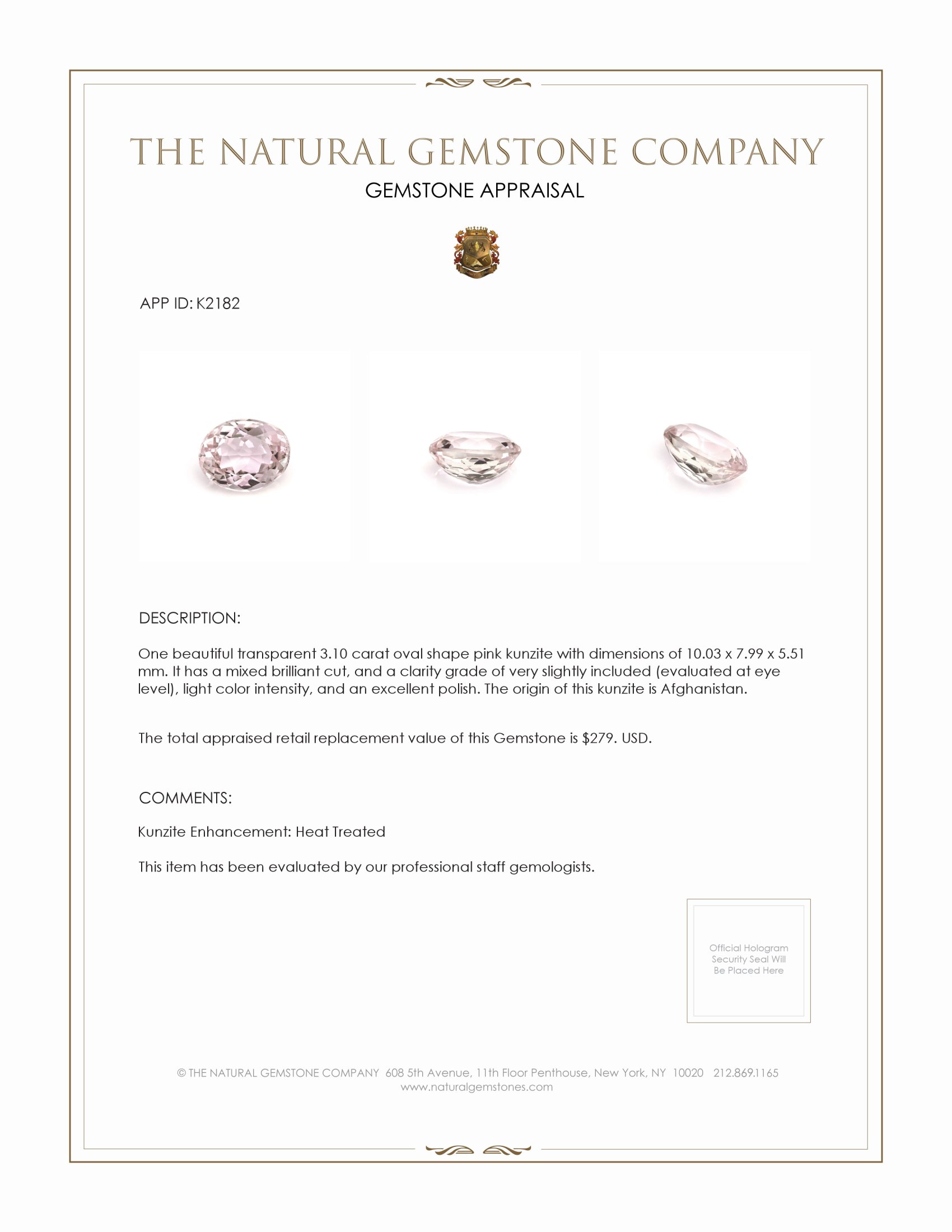 3.10 Ct. Kunzite from Afghanistan