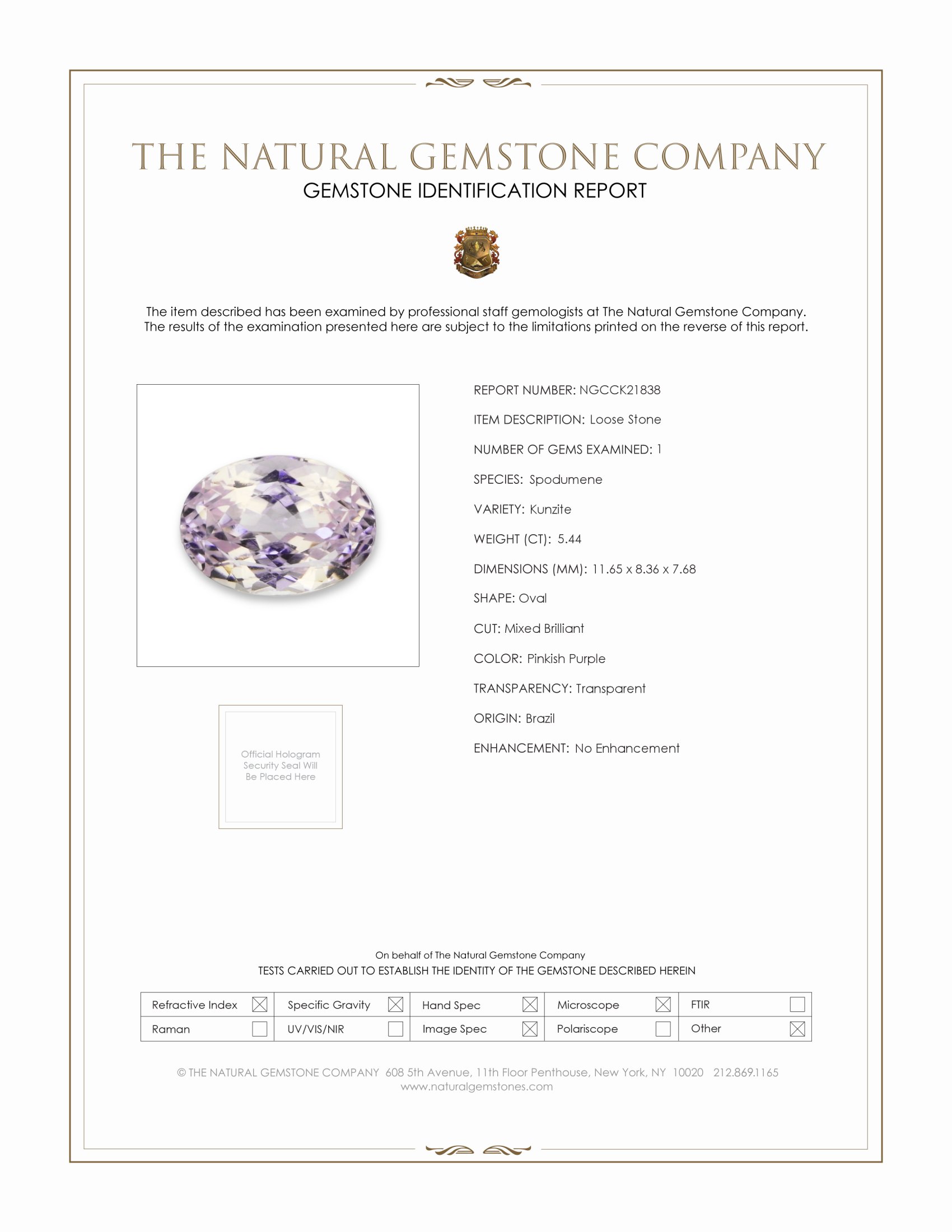 5.41 Ct. Pinkish Purple Kunzite from Brazil