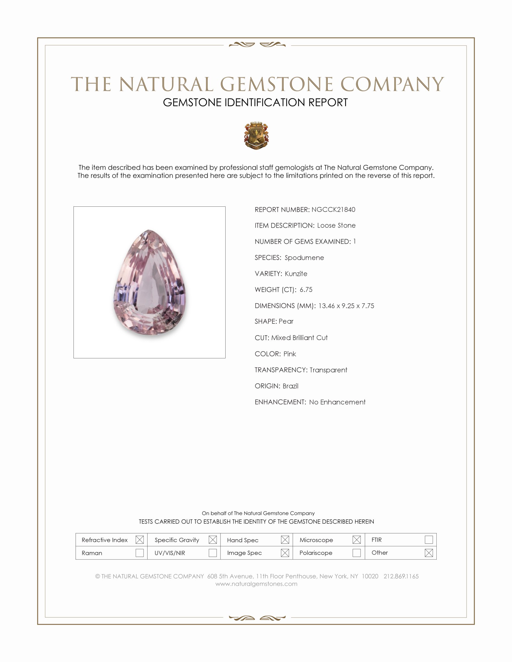 6.75 Ct. Pink Kunzite from Brazil
