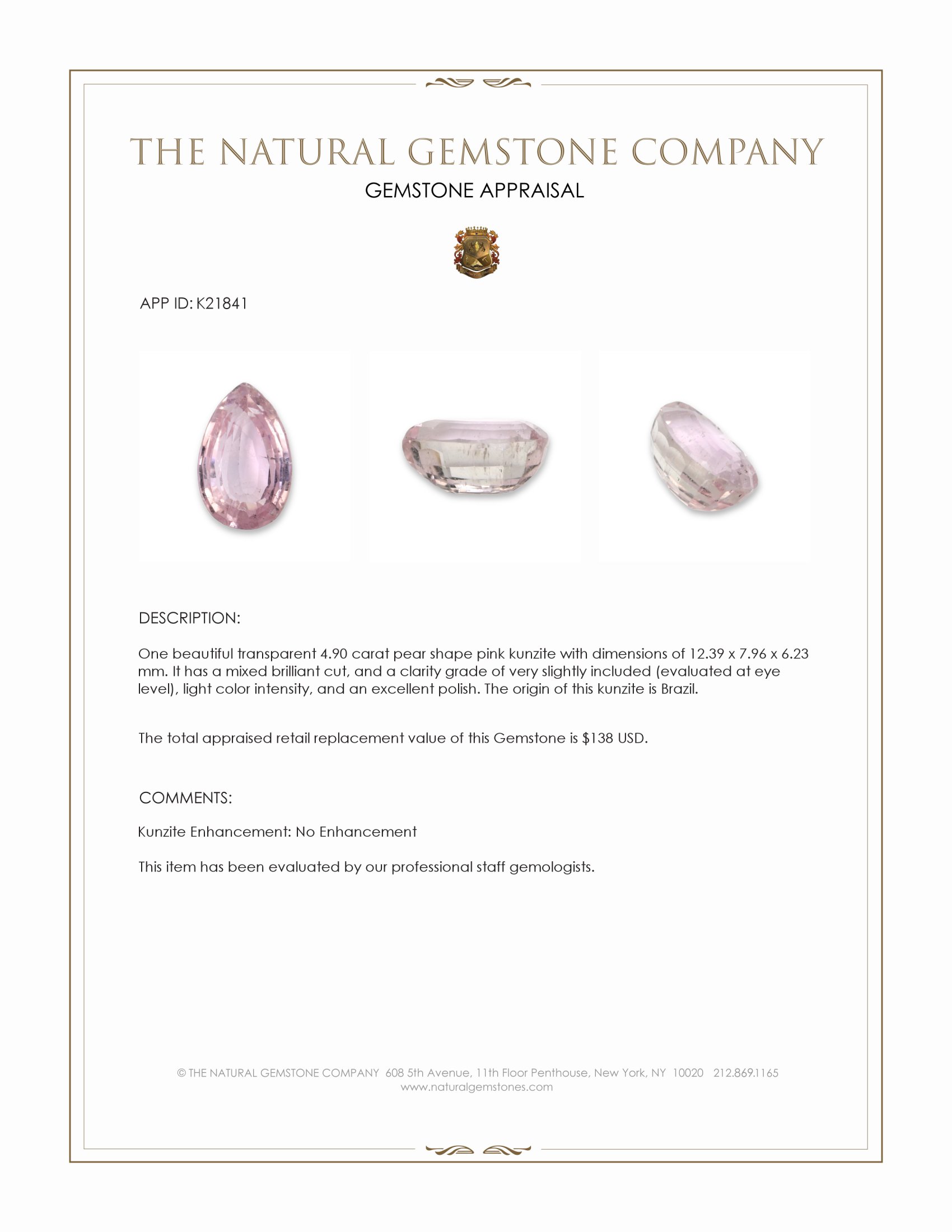 4.90 Ct. Kunzite from Brazil