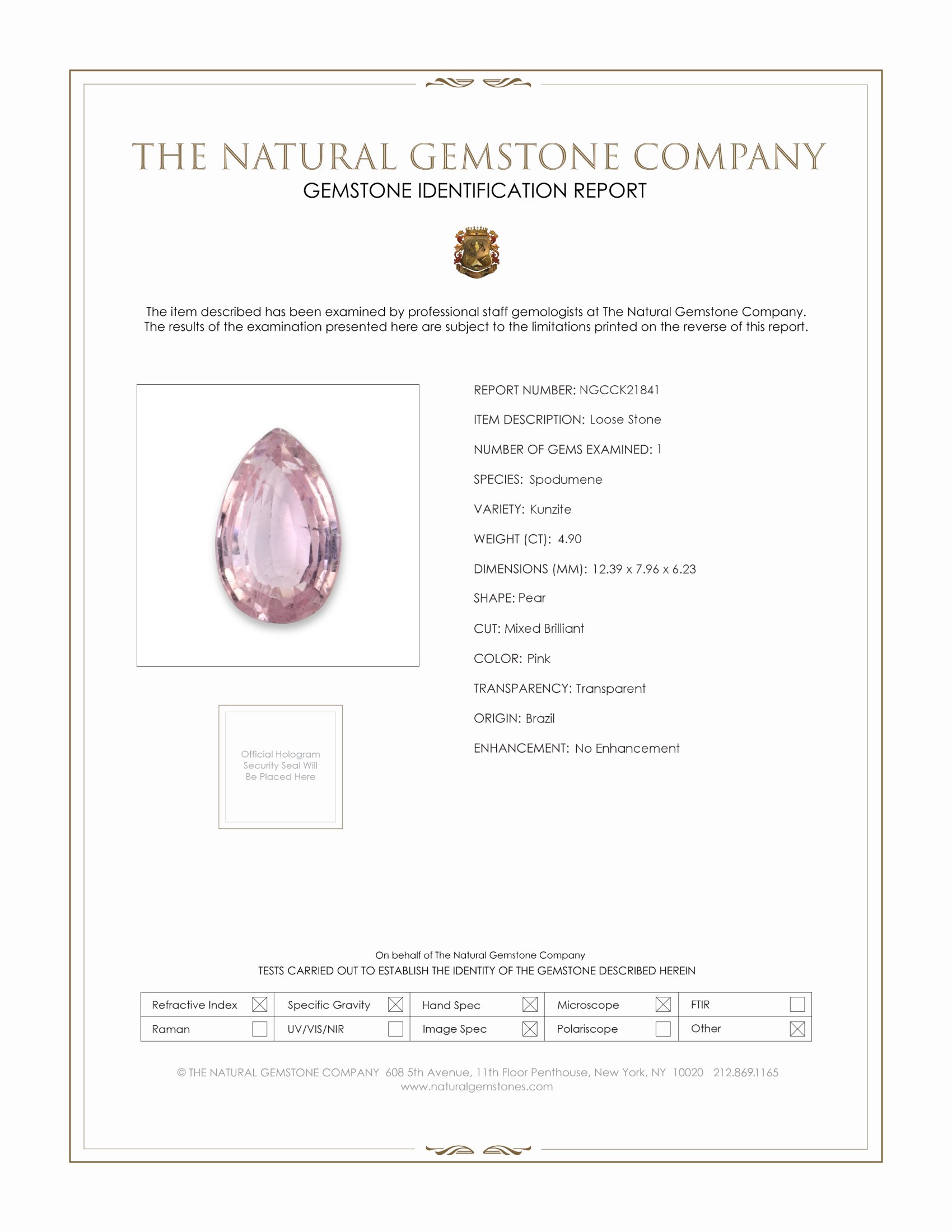 4.90 Ct. Pink Kunzite from Brazil