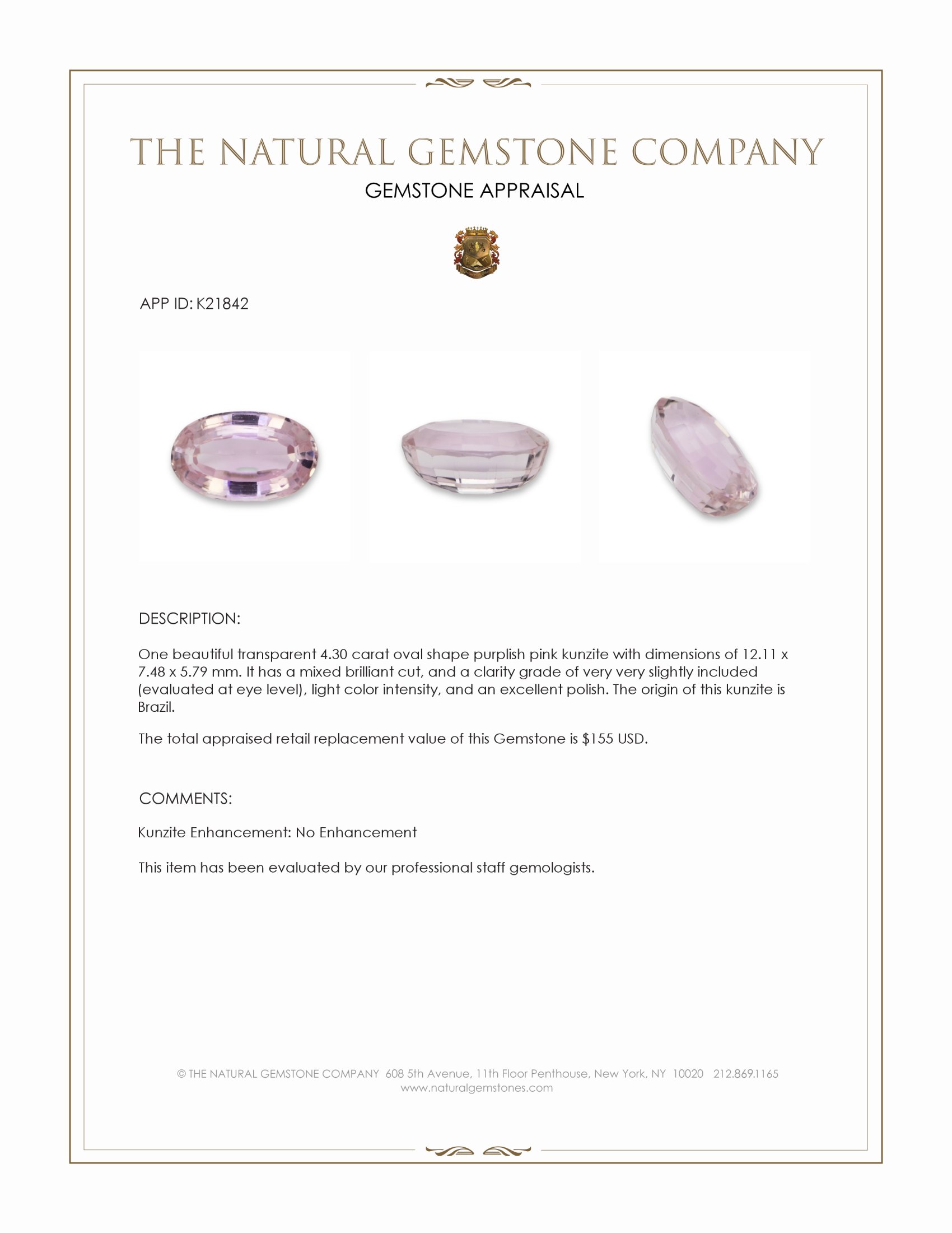 4.30 Ct. Kunzite from Brazil