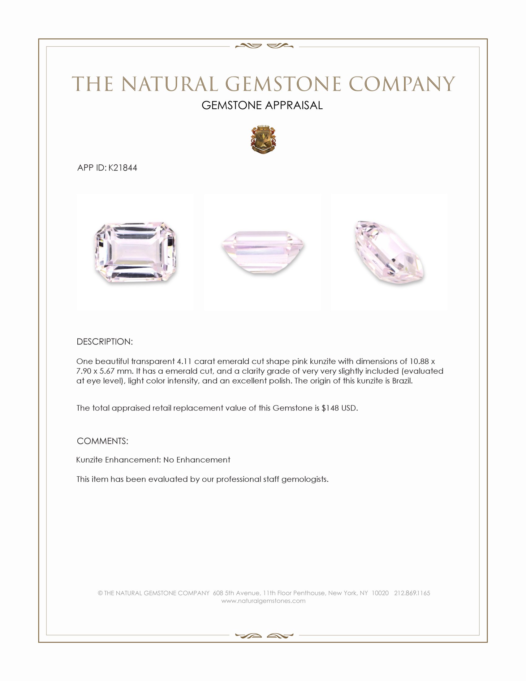 4.11 Ct. Kunzite from Brazil