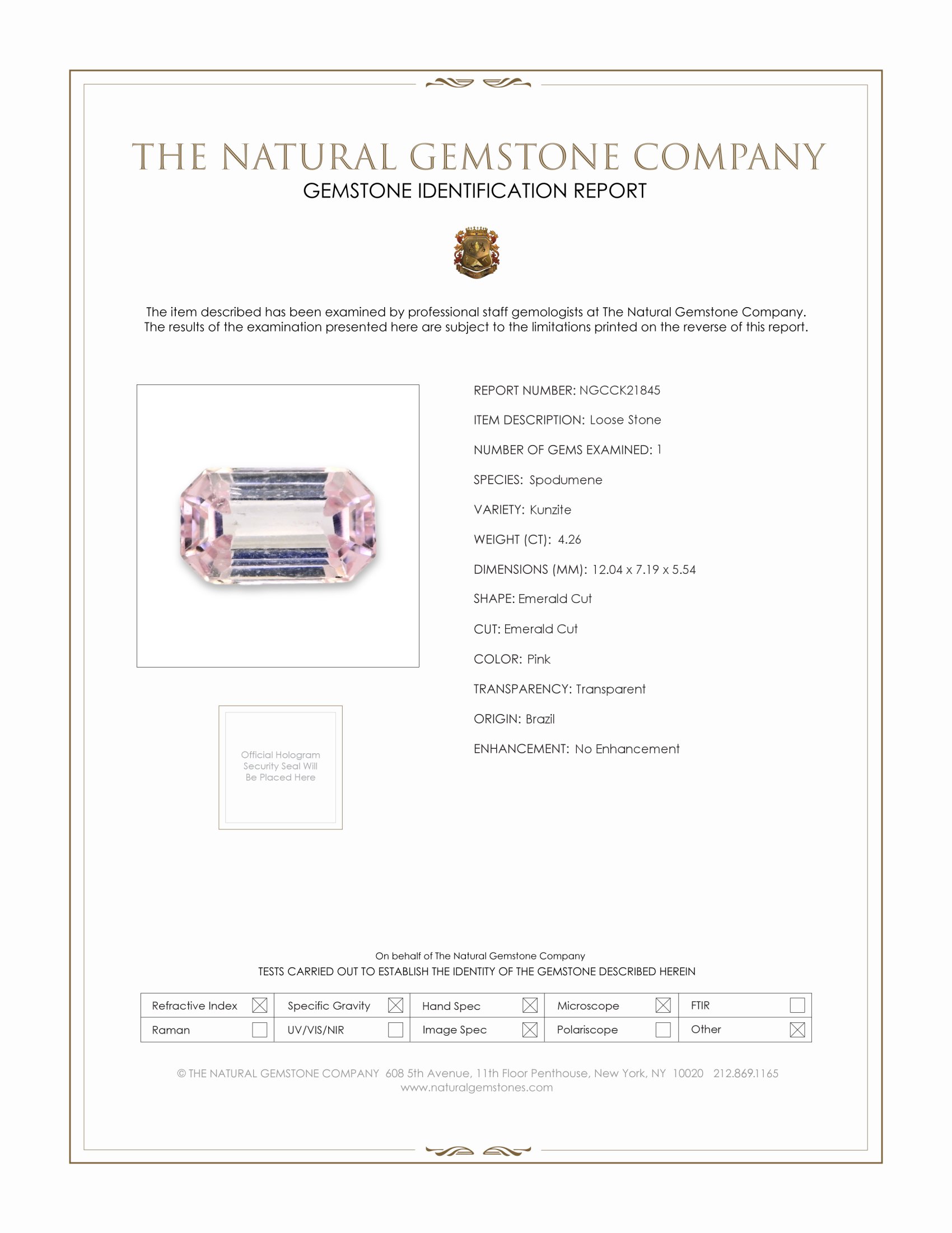 4.28 Ct. Pink Kunzite from Brazil