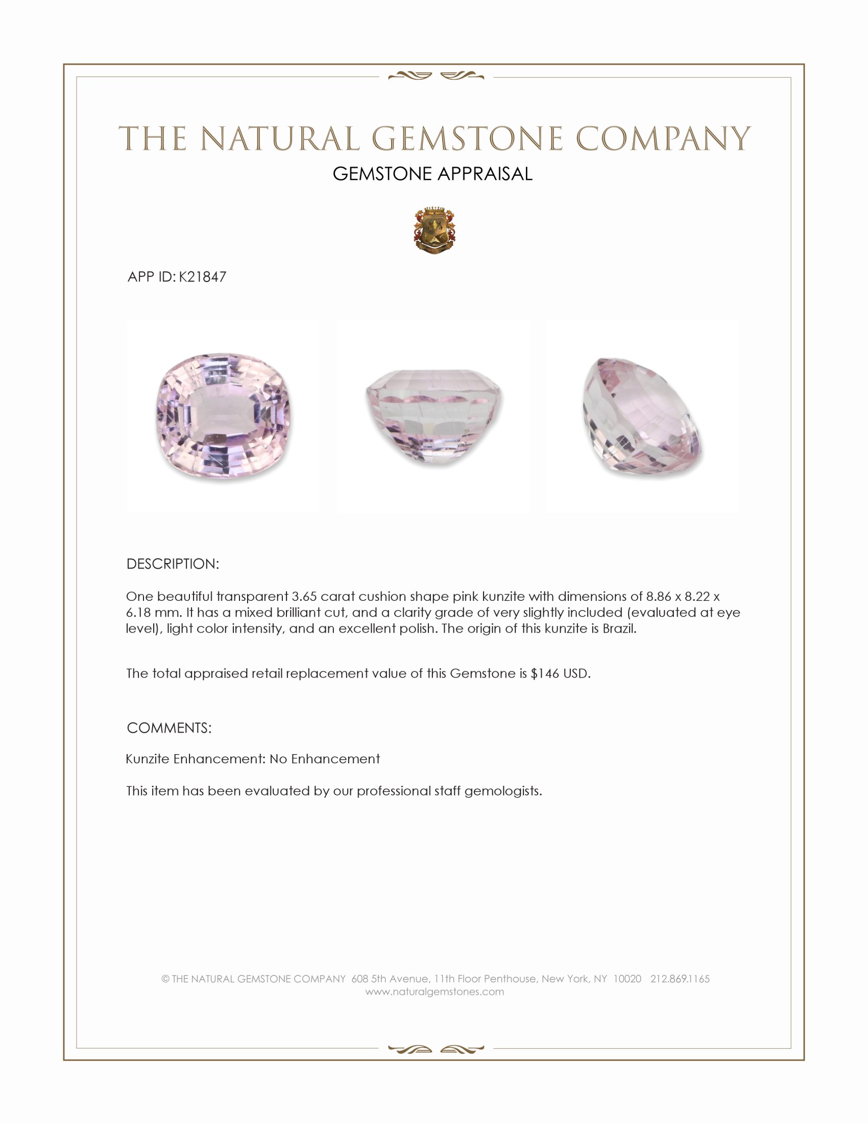 3.65 Ct. Pink Kunzite from Brazil