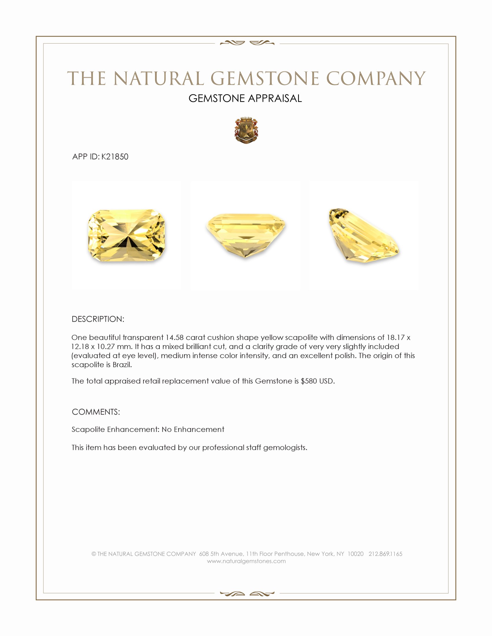 14.58 Ct. Scapolite from Brazil