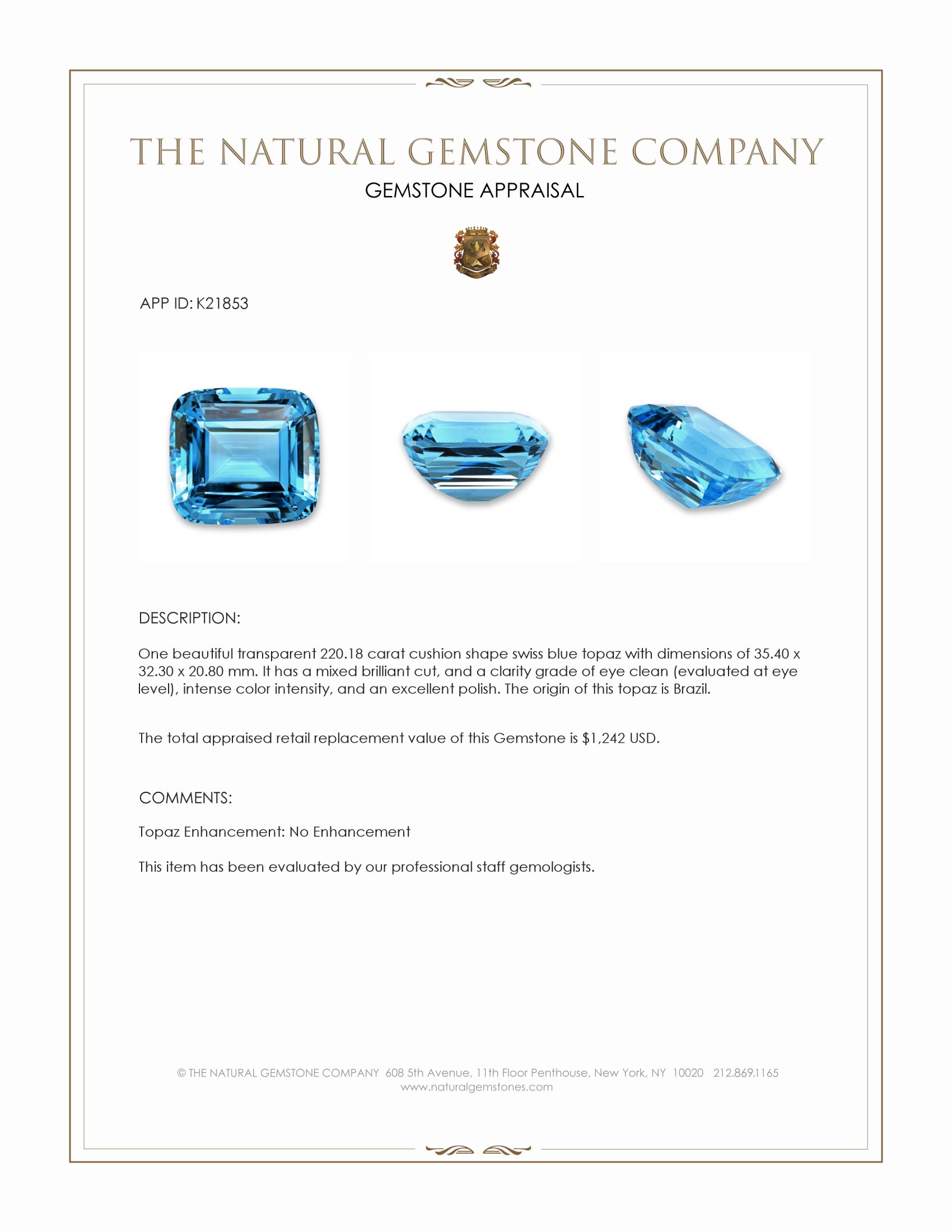 220.18 Ct. Swiss Blue Topaz from Brazil