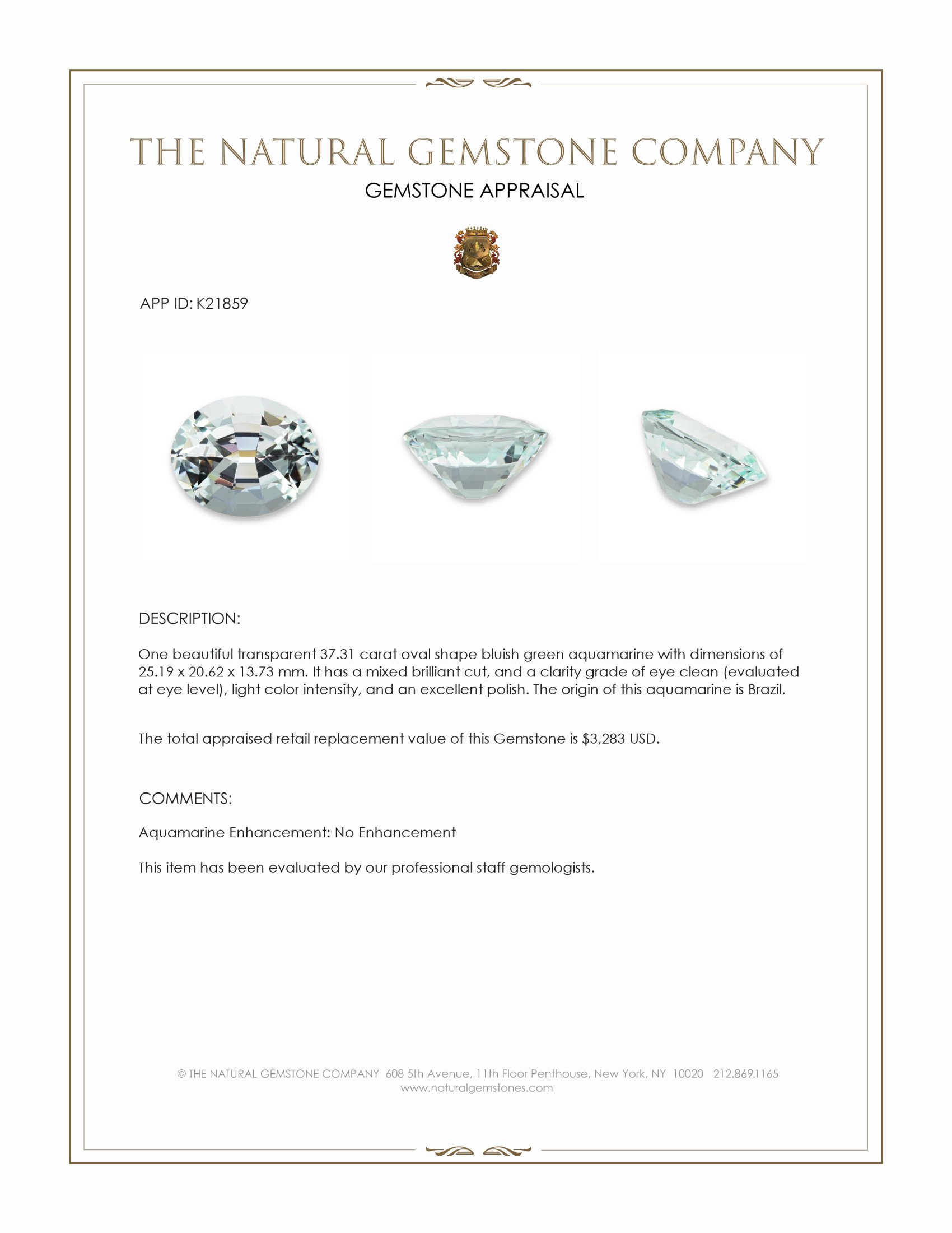 37.31 Ct. Bluish Green Aquamarine from Brazil