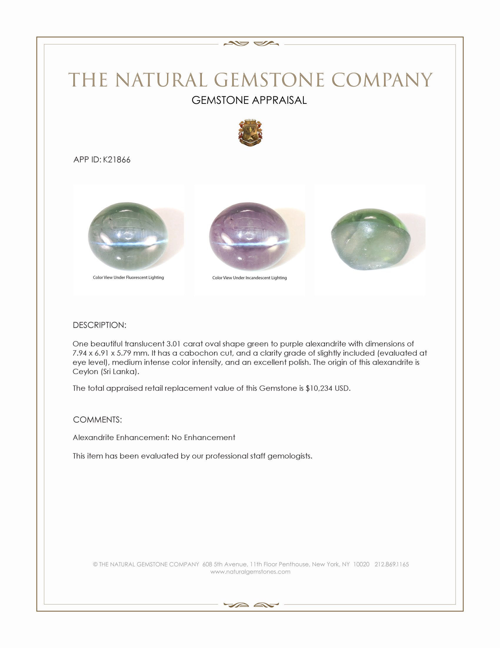 3.01 Ct. Cabochon Alexandrite from Ceylon (Sri Lanka)