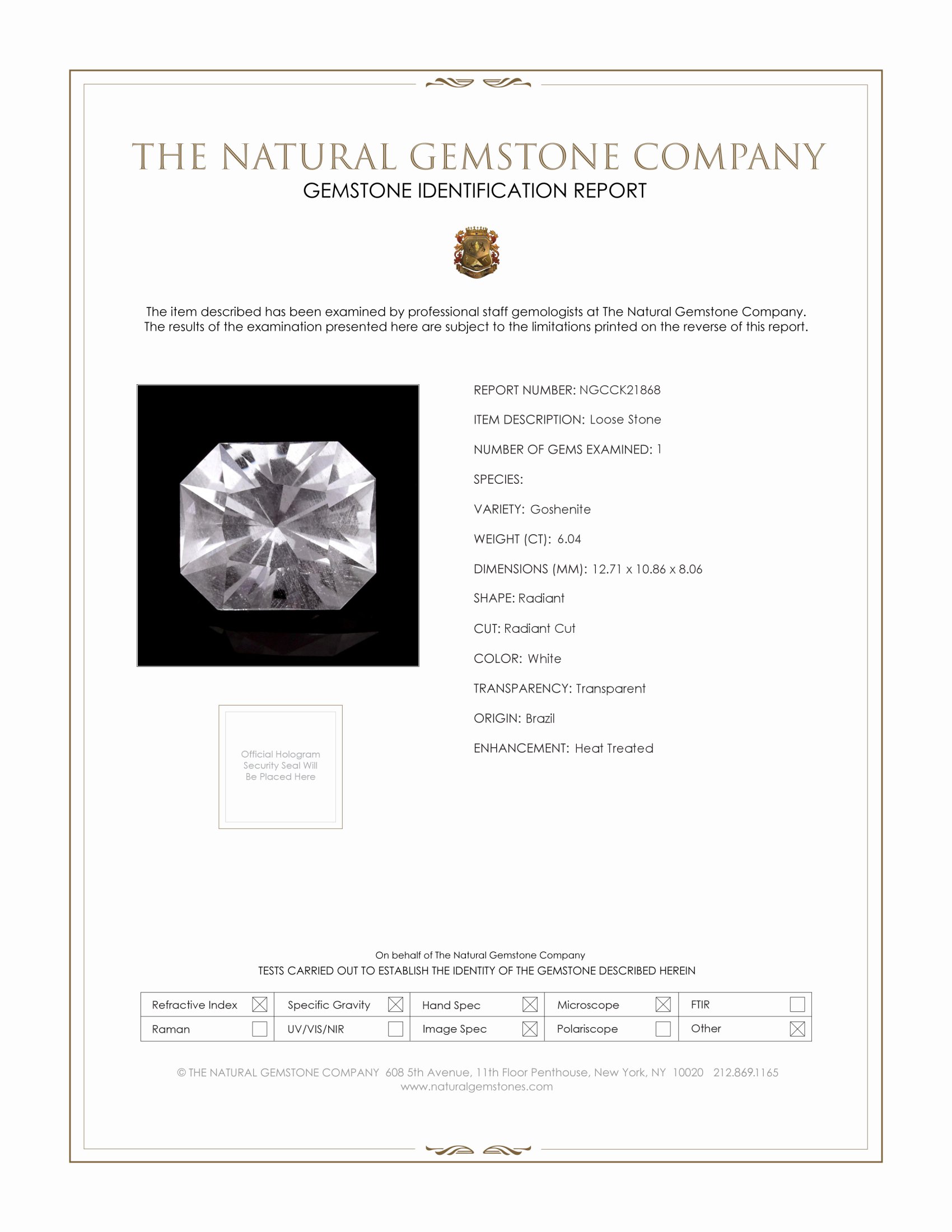 6.04 Ct. White Goshenite from Brazil