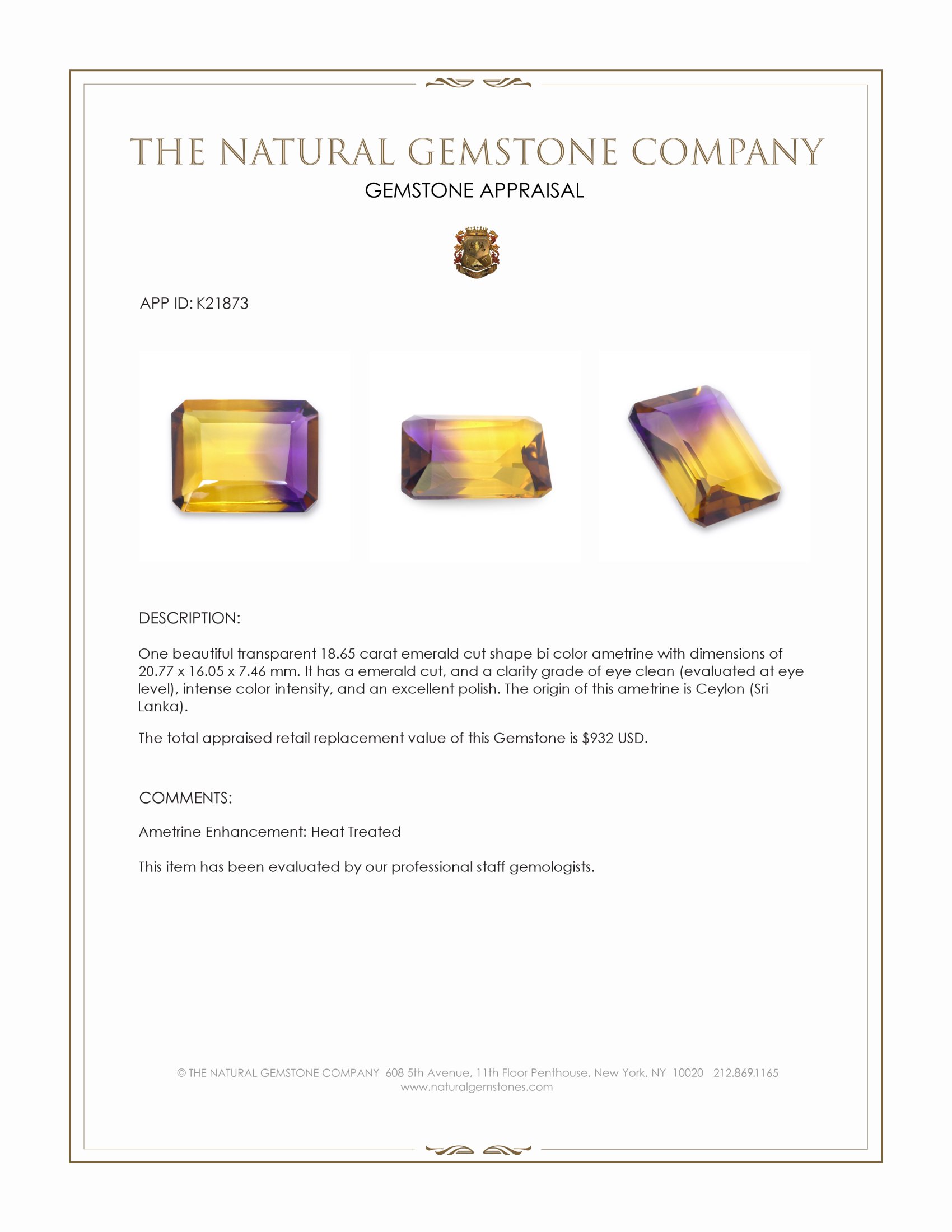 18.65 Ct. Ametrine from Ceylon (Sri Lanka)