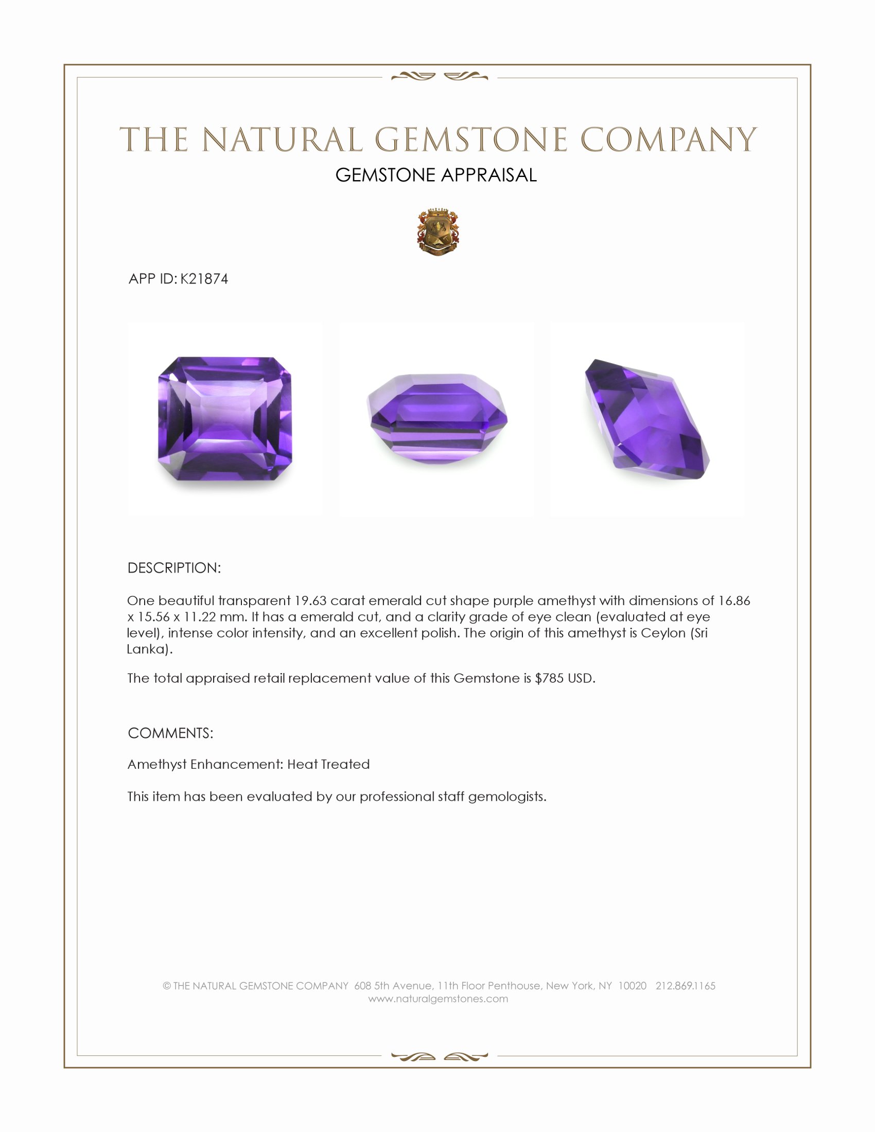 19.63 Ct. Amethyst from Ceylon (Sri Lanka)
