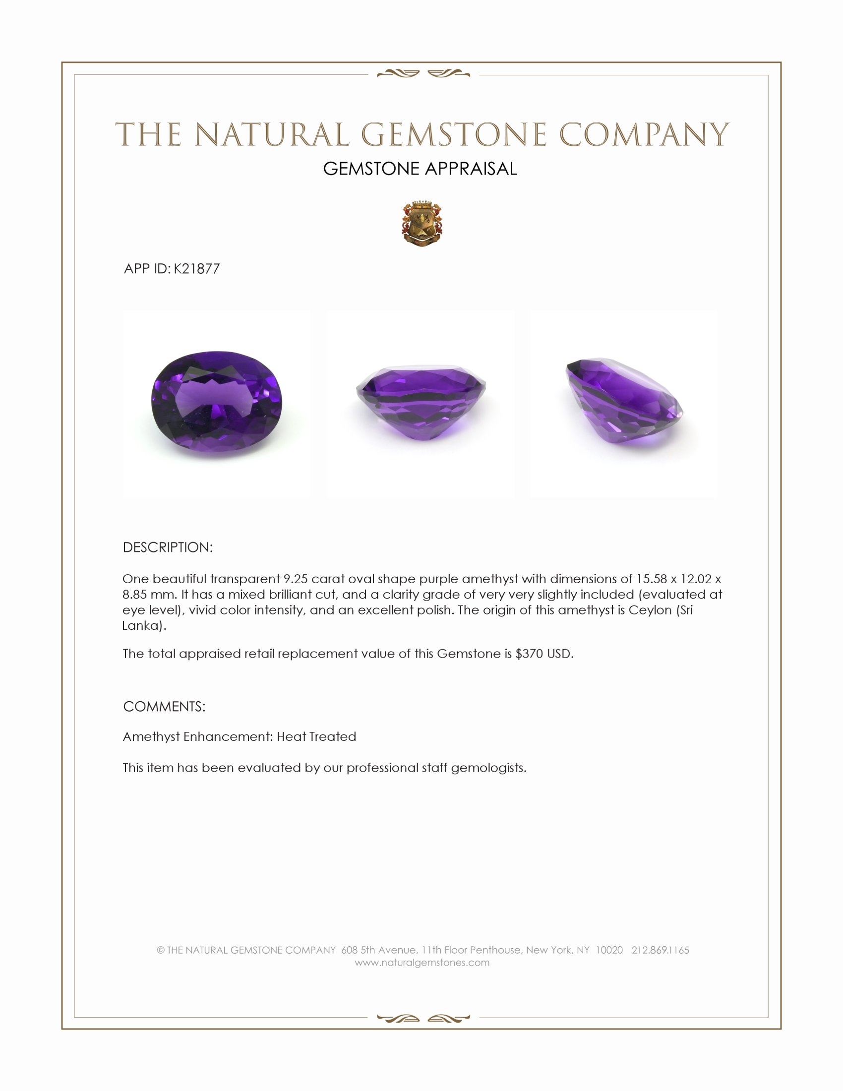 9.25 Ct. Amethyst from Ceylon (Sri Lanka)