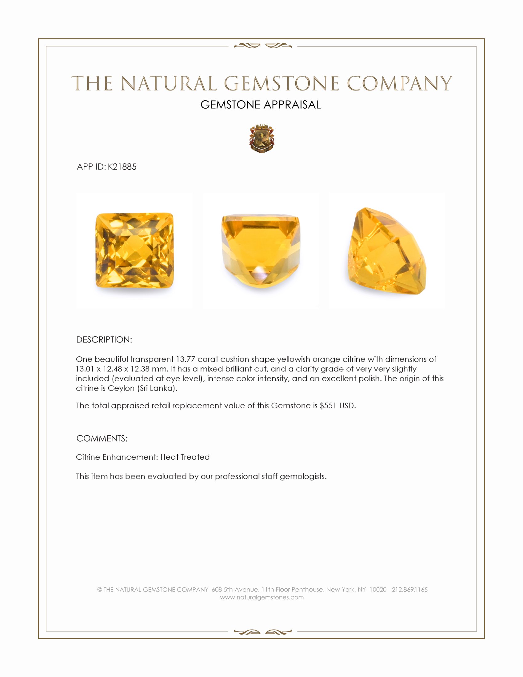 13.77 Ct. Citrine from Ceylon (Sri Lanka)