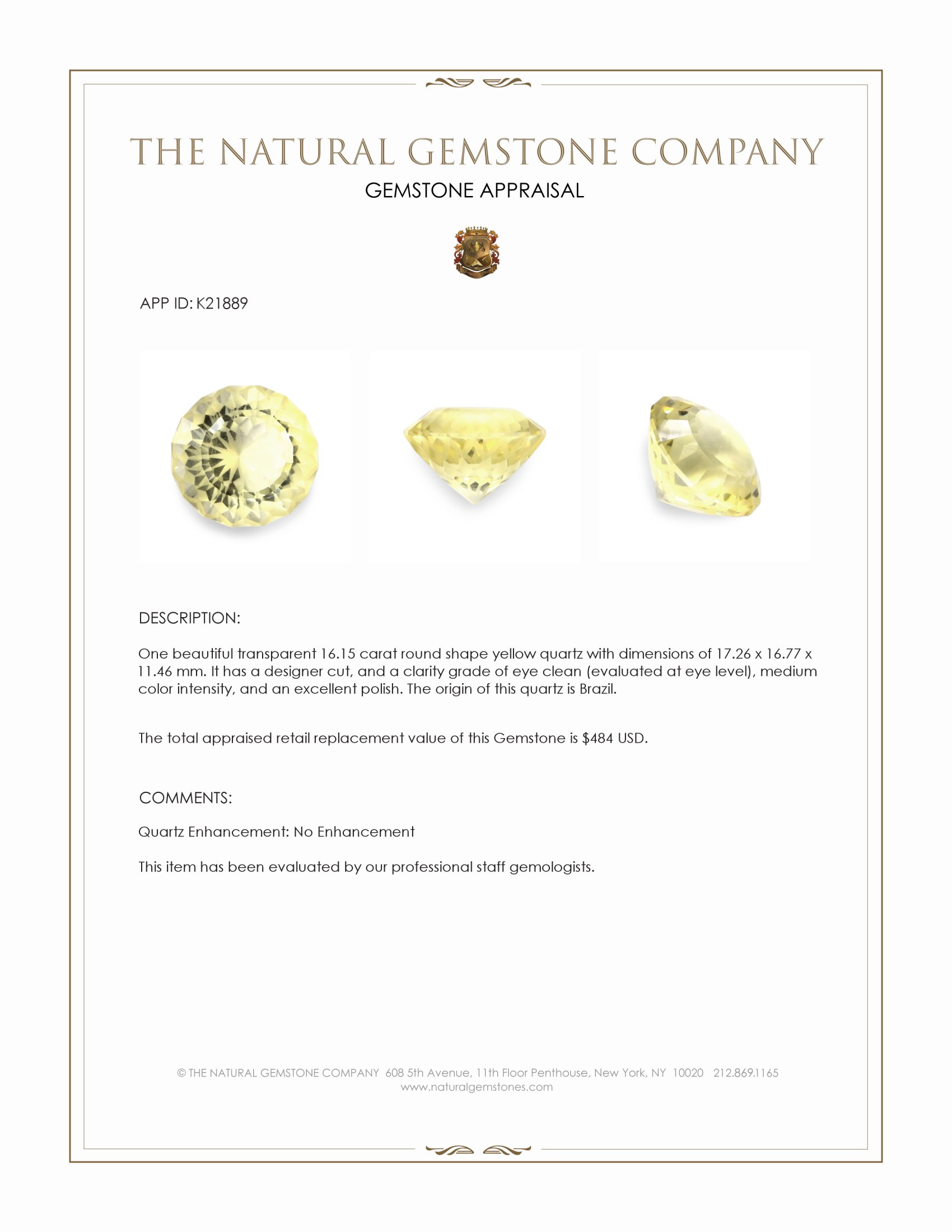16.15 Ct. Yellow Quartz from Brazil